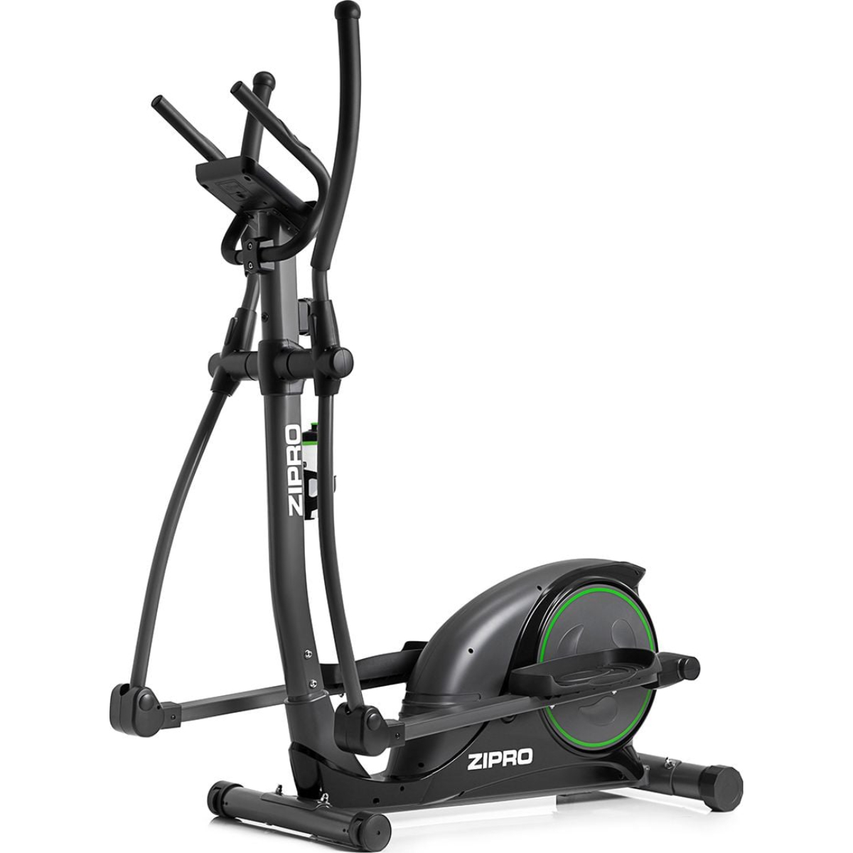Eine schwarze und grüne elliptische Trainingsmaschine auf weißem Hintergrund.