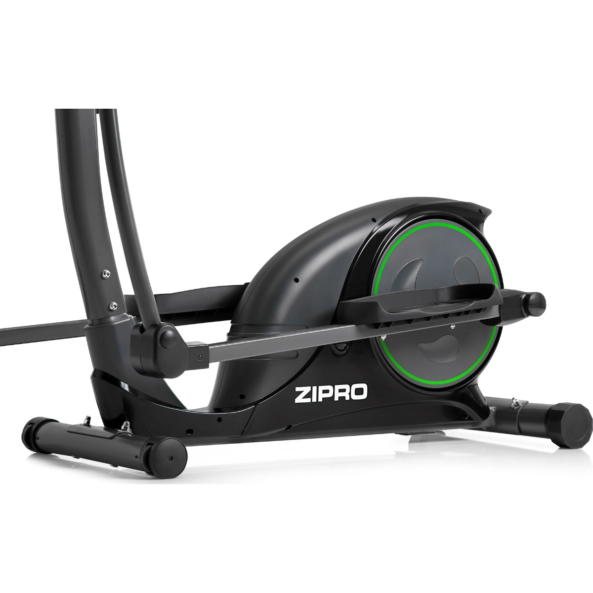 Schwarze und graue Zipro-Ellipsenmaschine mit grünem Radumriss, vor weißem Hintergrund.