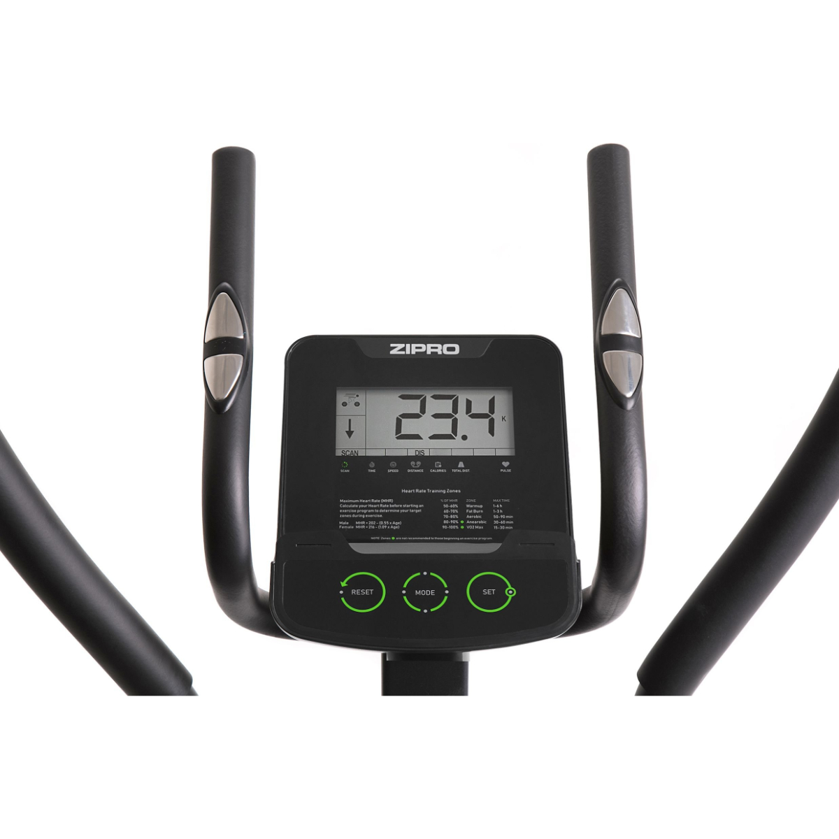 Bedienfeld des Crosstrainers mit digitalem Bildschirm.