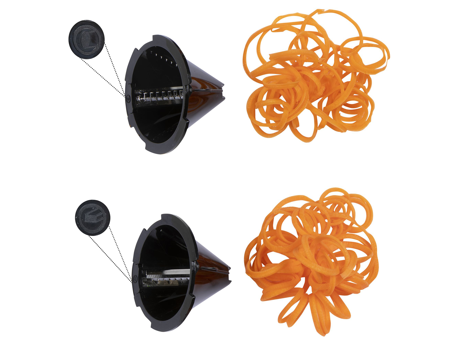 Spiral-Gemüseschneider und orangefarbene Gemüsespiralen auf weißem Hintergrund.