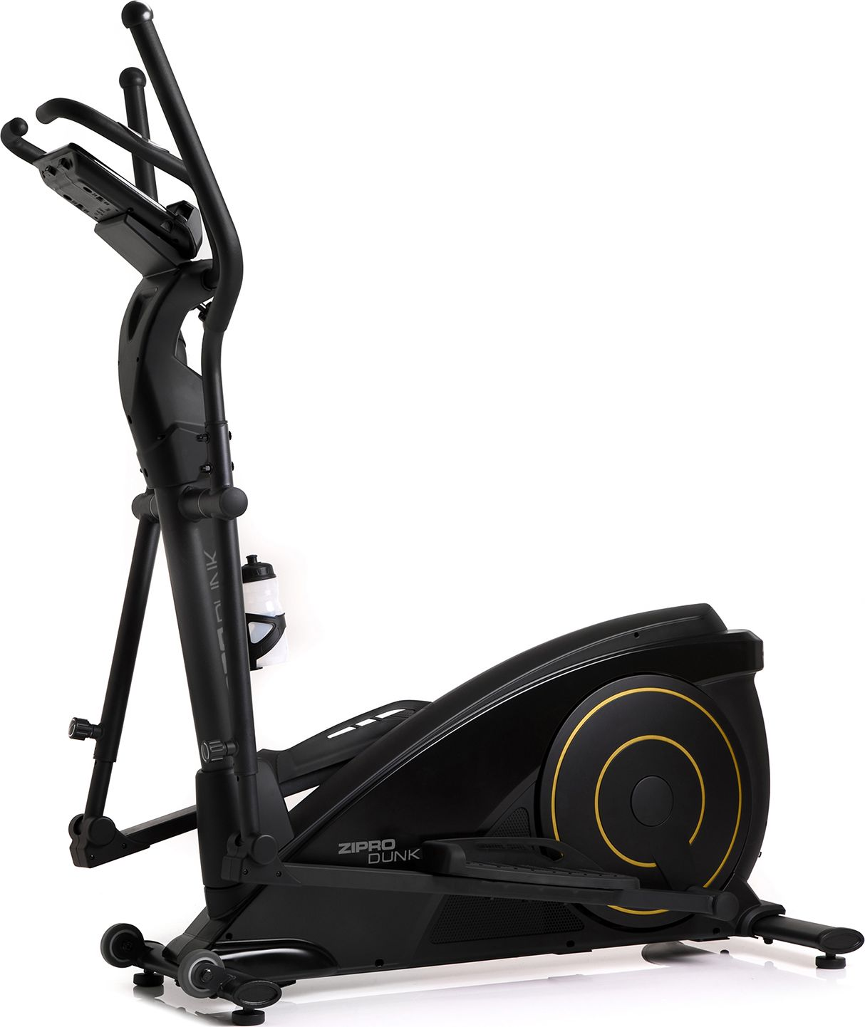 Czarna i złota maszyna eliptyczna na białym tle. To model Zipro Dunk.