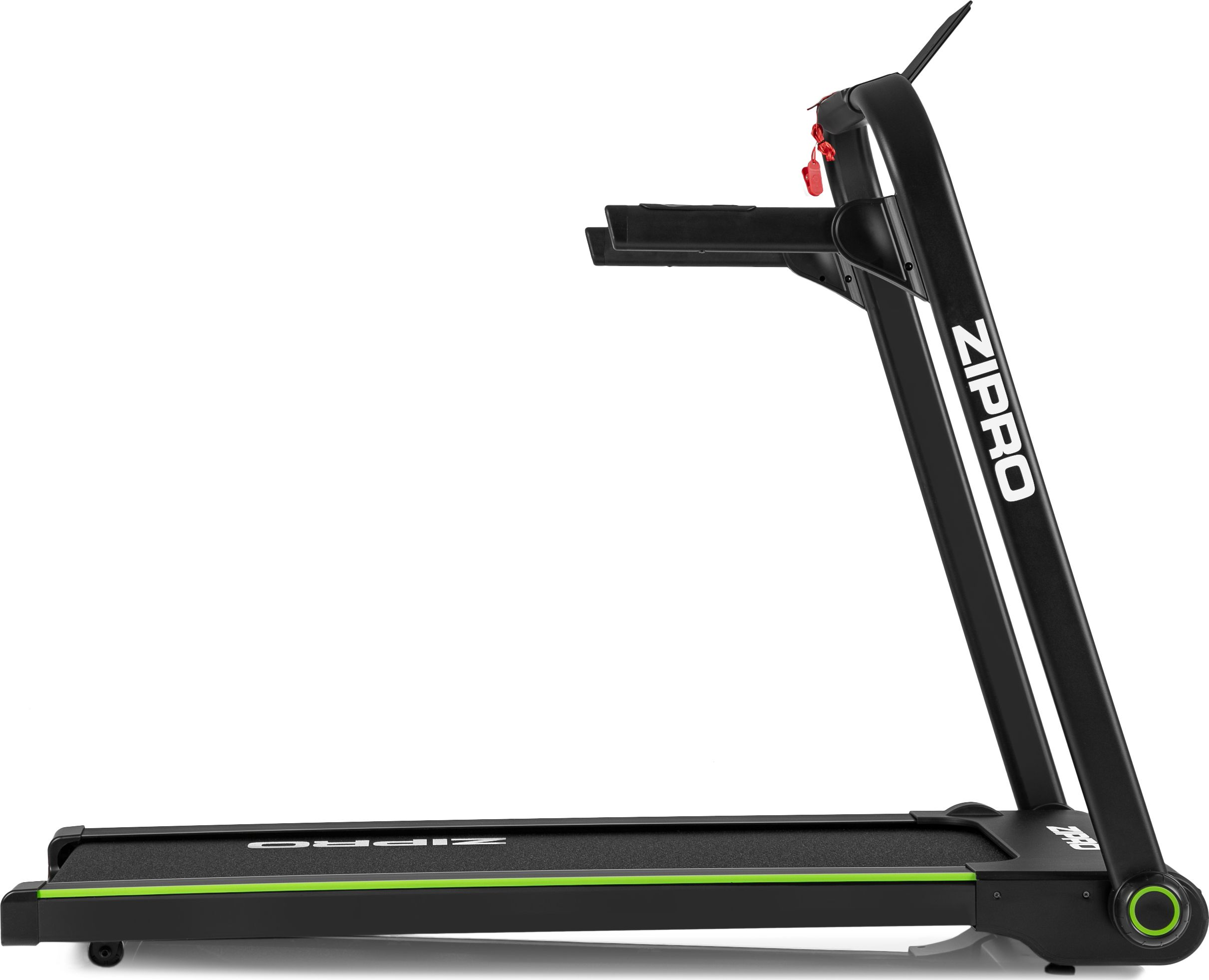 Czarna bieżnia. Zielona linia na powierzchni do biegania. Białe tło.