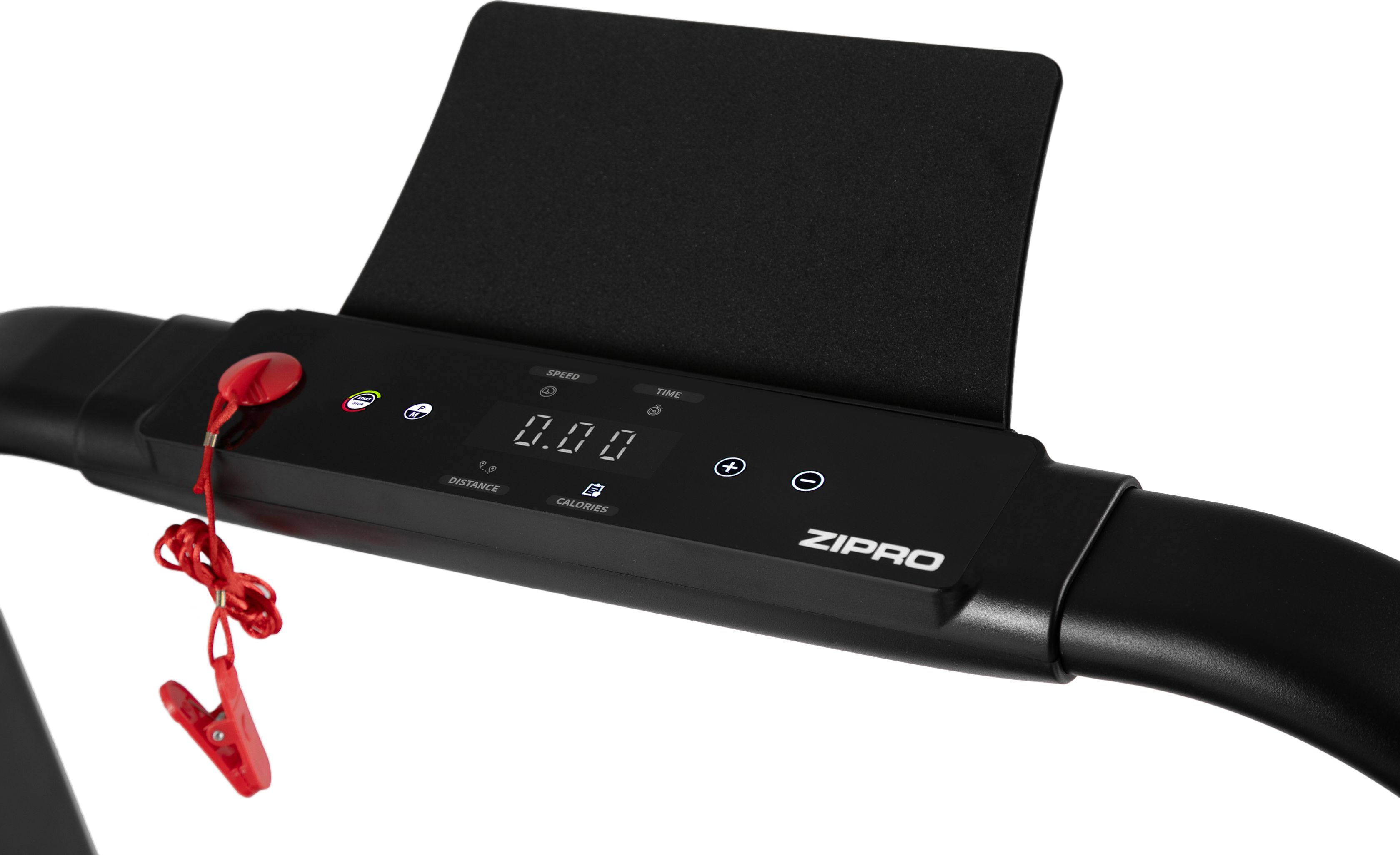 Zbliżenie konsoli czarnej bieżni. Pokazuje prędkość, czas, dystans i kalorie.