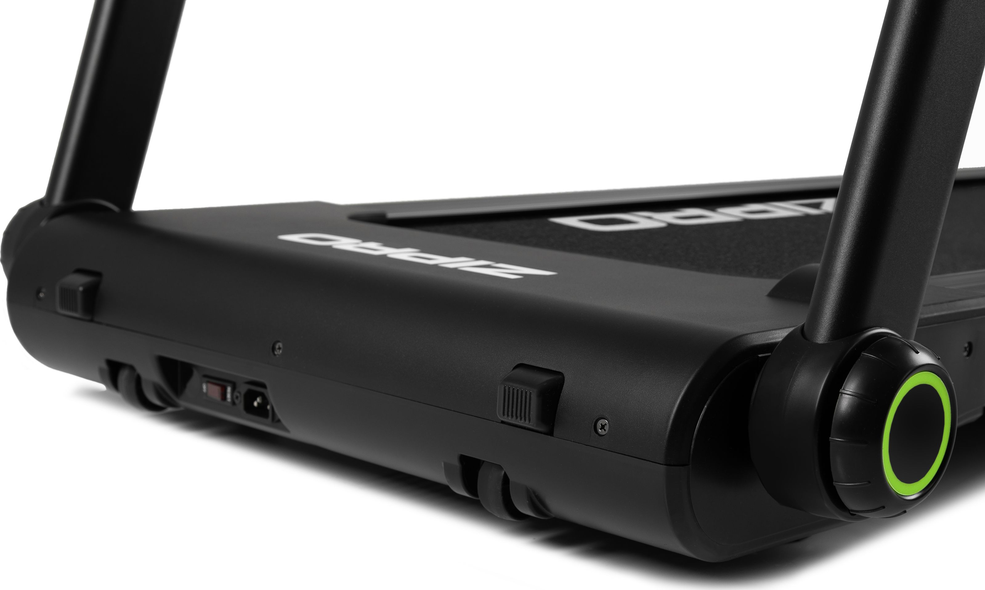 Zbliżenie czarnej bieżni marki Zipro, pokazujące widok z boku i przyciski.