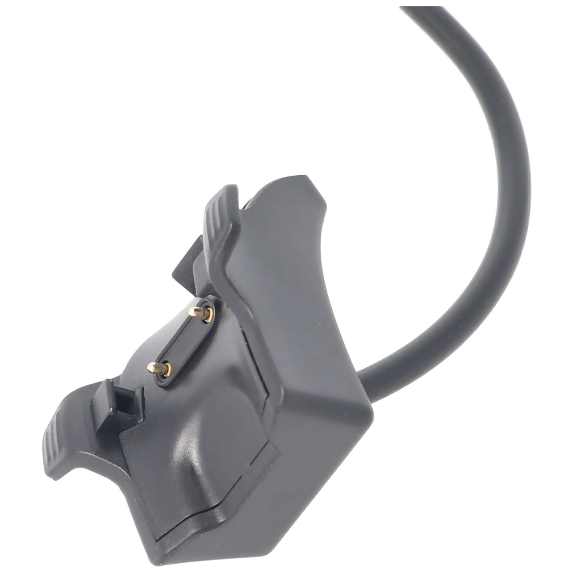 Ein schwarzes Uhrenladegerät mit flexiblem Kabel. Zwei goldene Kontaktpunkte sind sichtbar.