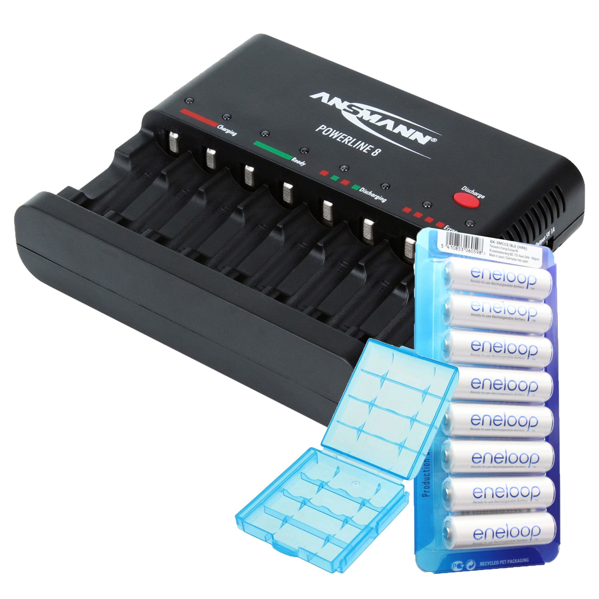 Ein schwarzes Batterieladegerät mit Akkupack und Batterien auf weißem Hintergrund.