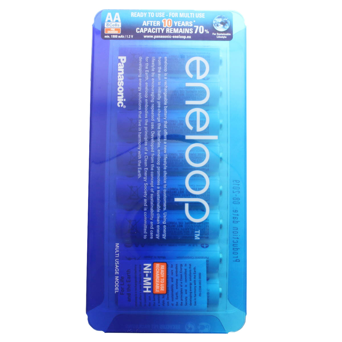 Eine Packung wiederaufladbarer AA-Batterien. Die Verpackung ist blau und weiß.
