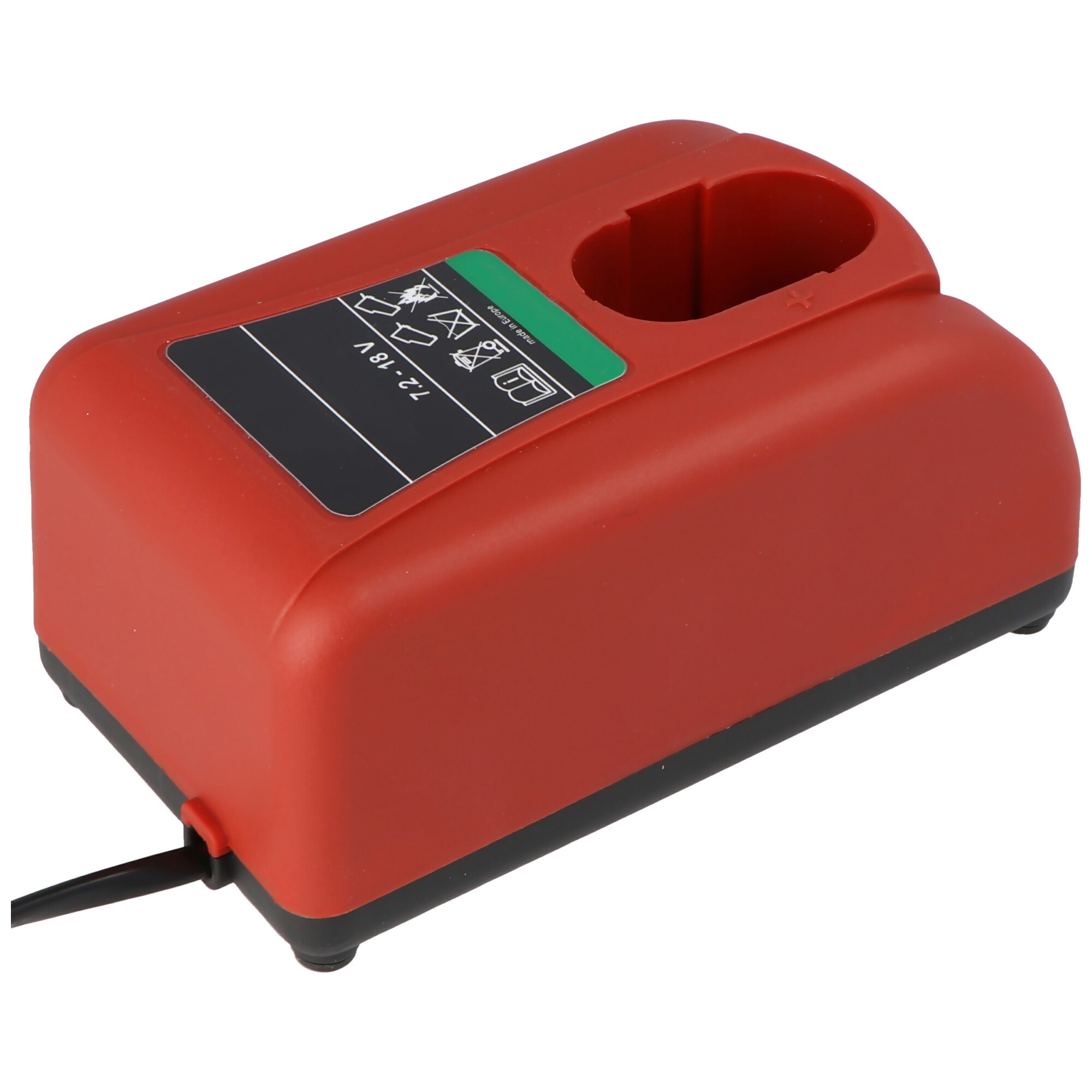 Rotes Batterieladegerät mit schwarzem Sockel. Hat einen Ladeschlitz.