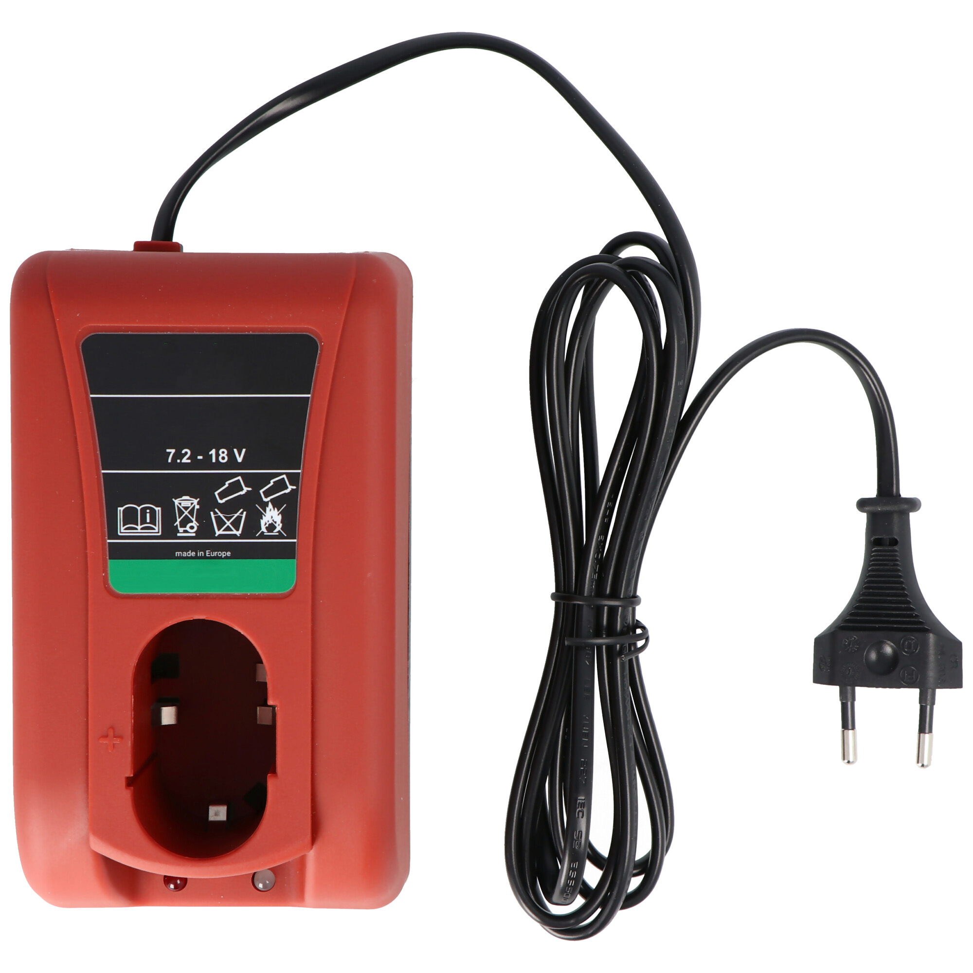 Ein rotes Ladegerät mit schwarzem Kabel und Stecker zum Laden eines Akkus.