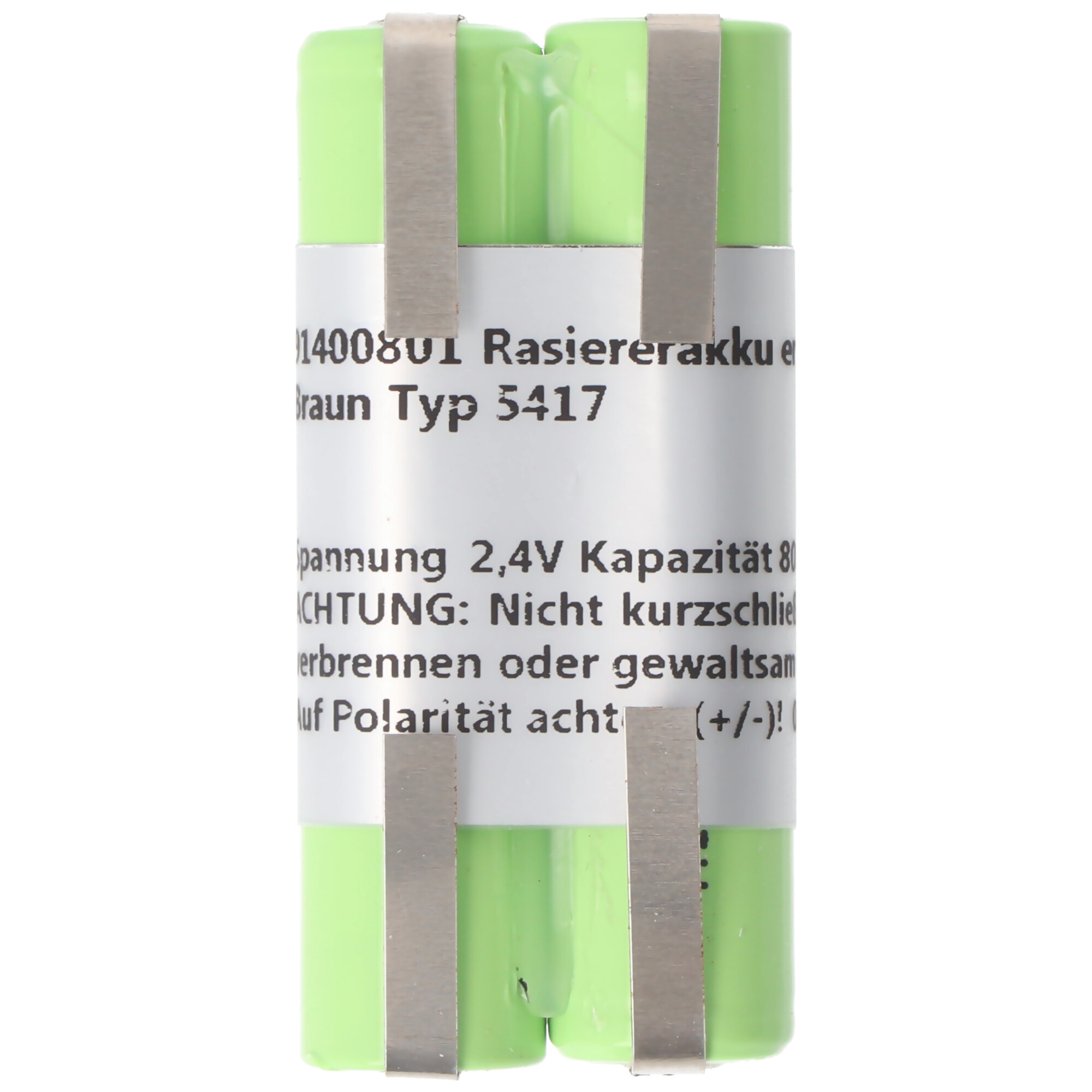 Zwei grüne Batterien mit weißem Etikett, Text auf Deutsch.