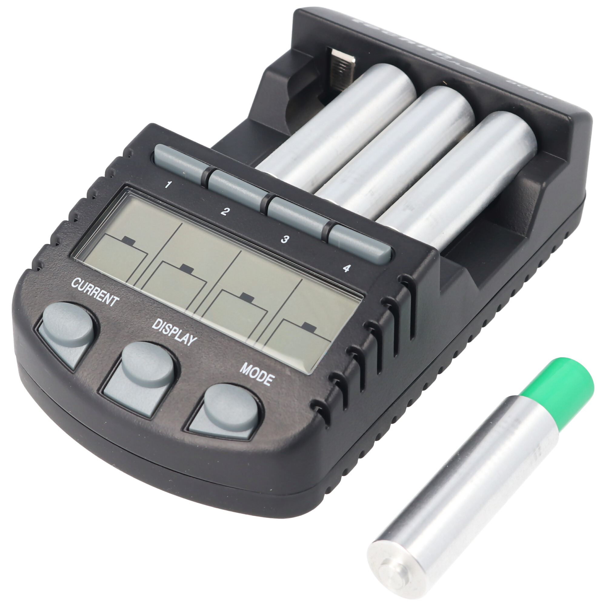 Schwarzes Batterieladegerät mit vier Schlitzen und einer grünen Batterie daneben.