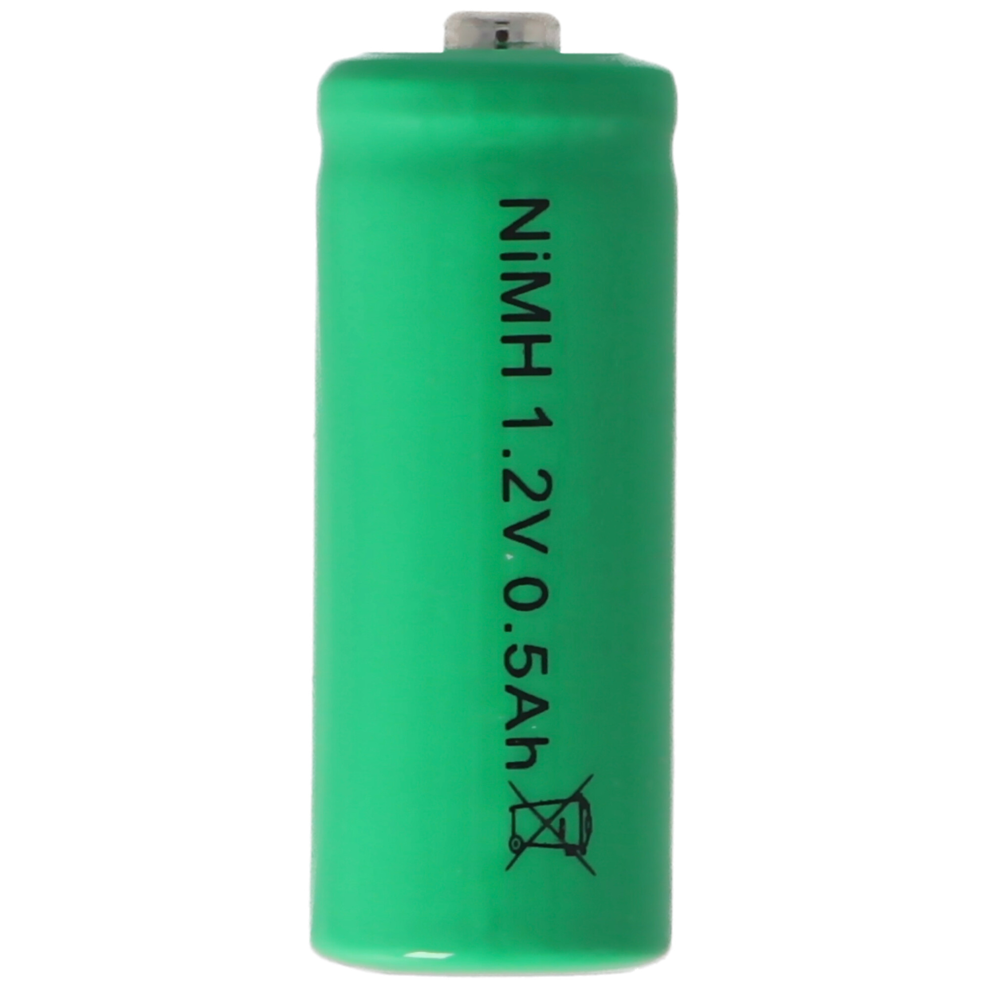 Eine grüne zylindrische NiMH 1,2V Batterie mit Text und einem Recyclingsymbol.