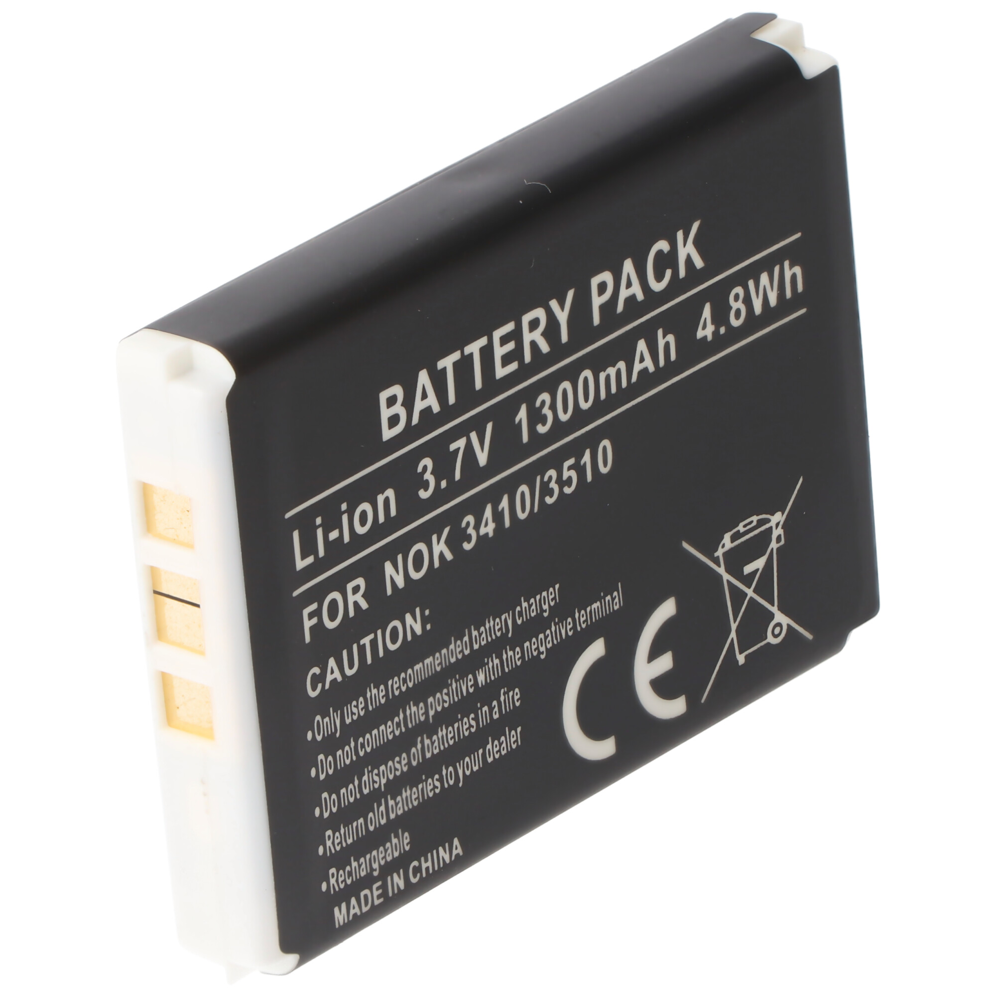 Ein schwarz-weißes Akkupack mit Text: Battery Pack, Li-ion 3.7V 1300mAh, Vorsicht und CE-Kennzeichnung.