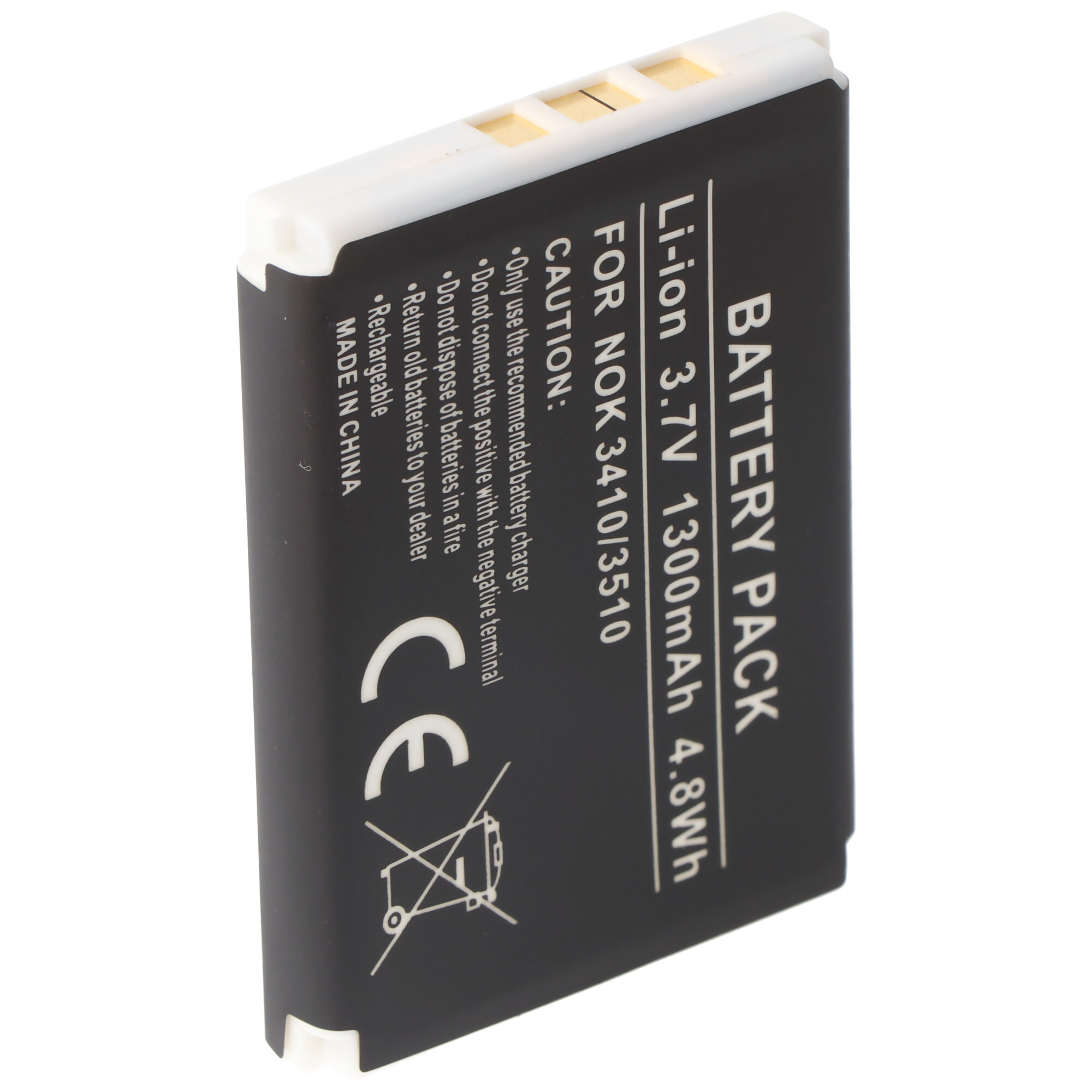 Schwarzer rechteckiger Akku mit weißer Oberseite und Text. Die Batterie ist mit Warnhinweisen beschriftet.