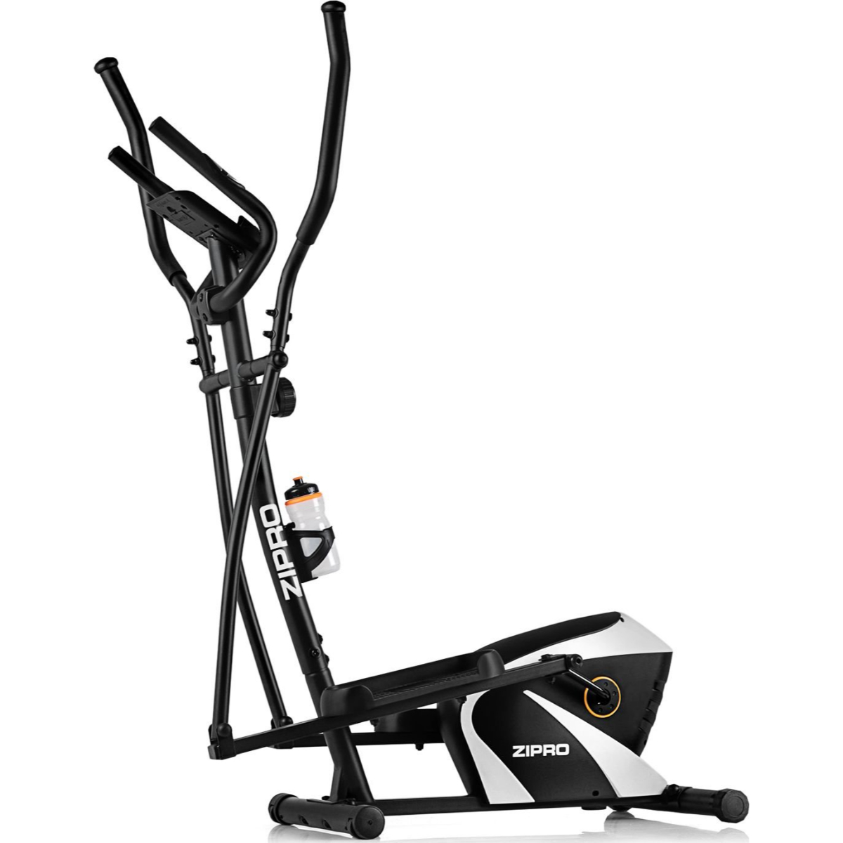 Entrenador elíptico ZIPRO en blanco y negro con botella de agua.