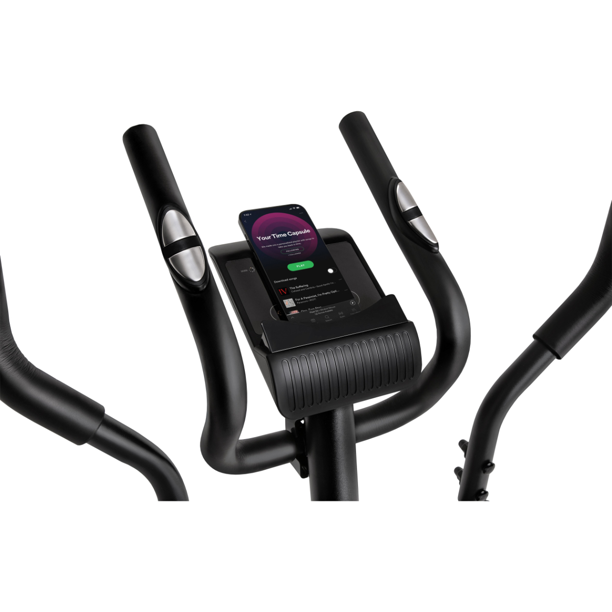 Consola de elíptica con teléfono mostrando app y manillares.