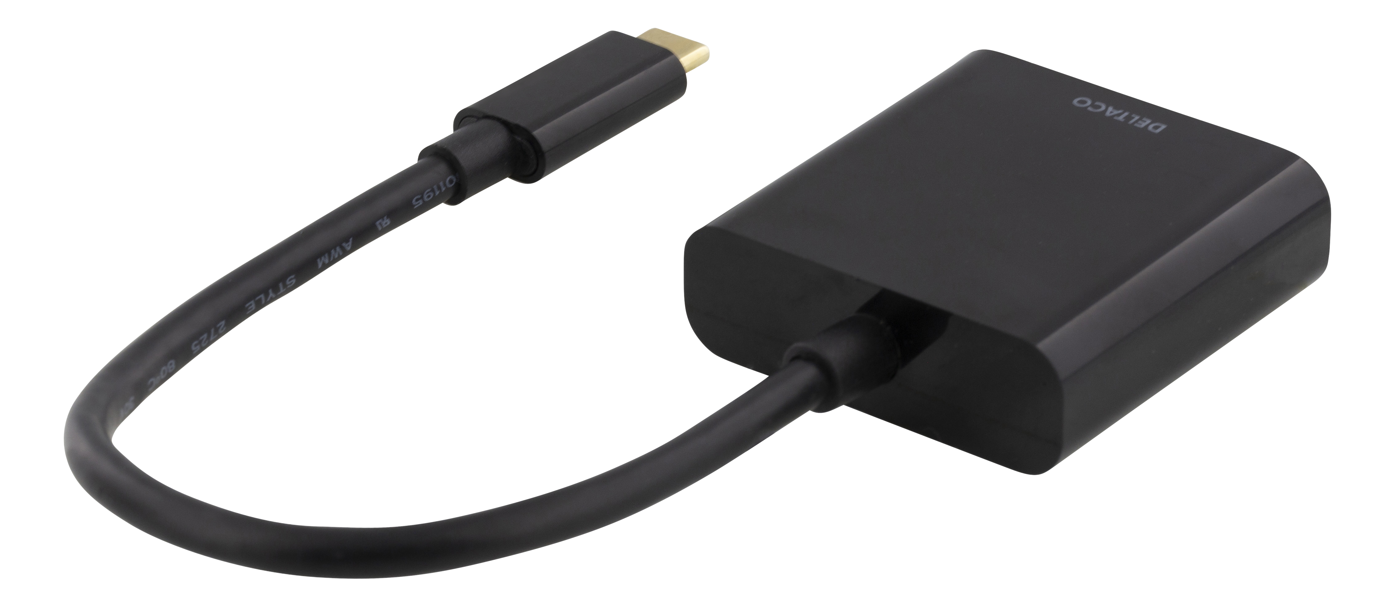 Zwarte USB-C naar HDMI-adapter. USB-C-kabel aangesloten. Witte achtergrond.