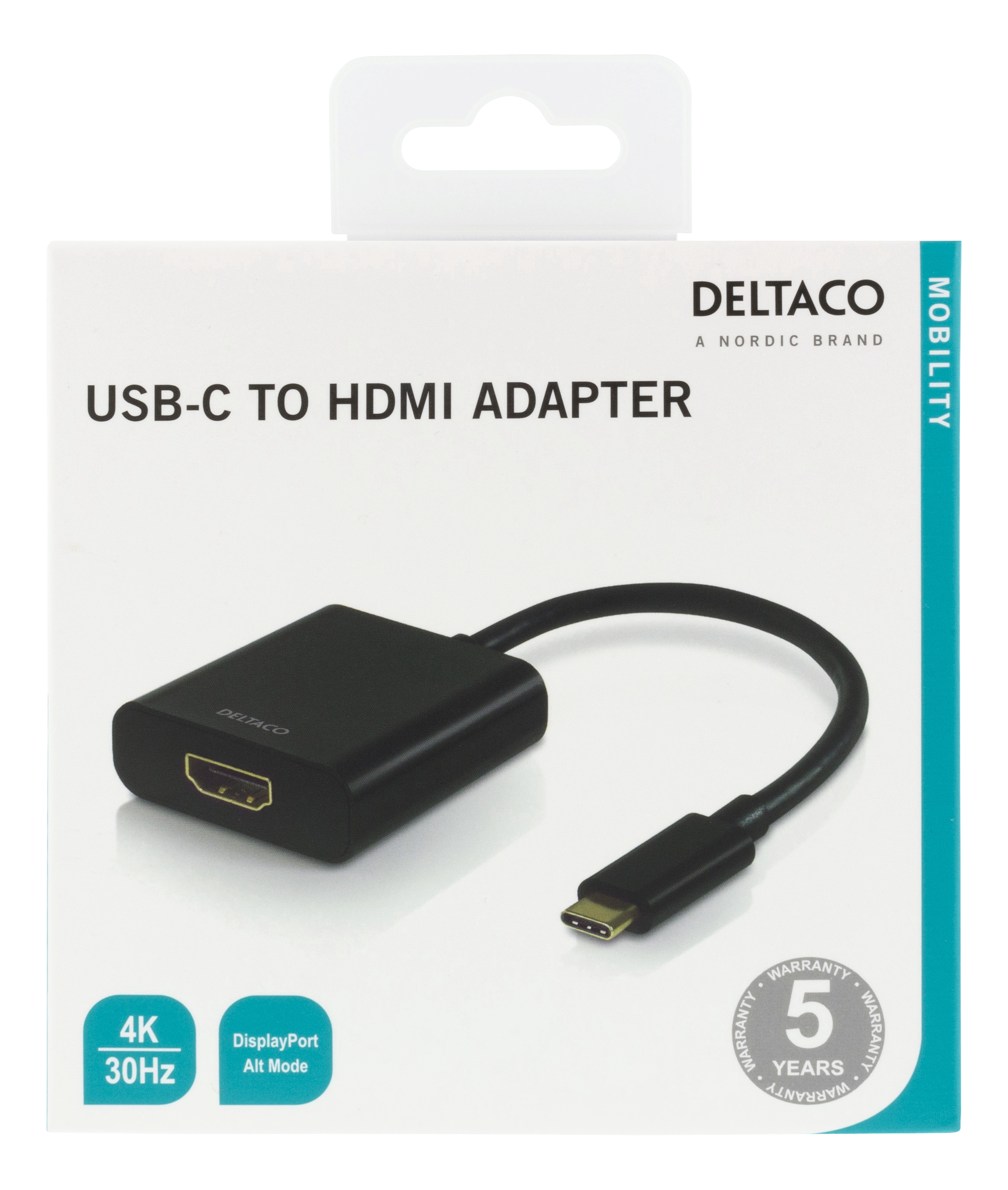 Zwarte USB-C naar HDMI-adapter in de doos. De doos toont de adapter en bevat specificaties.