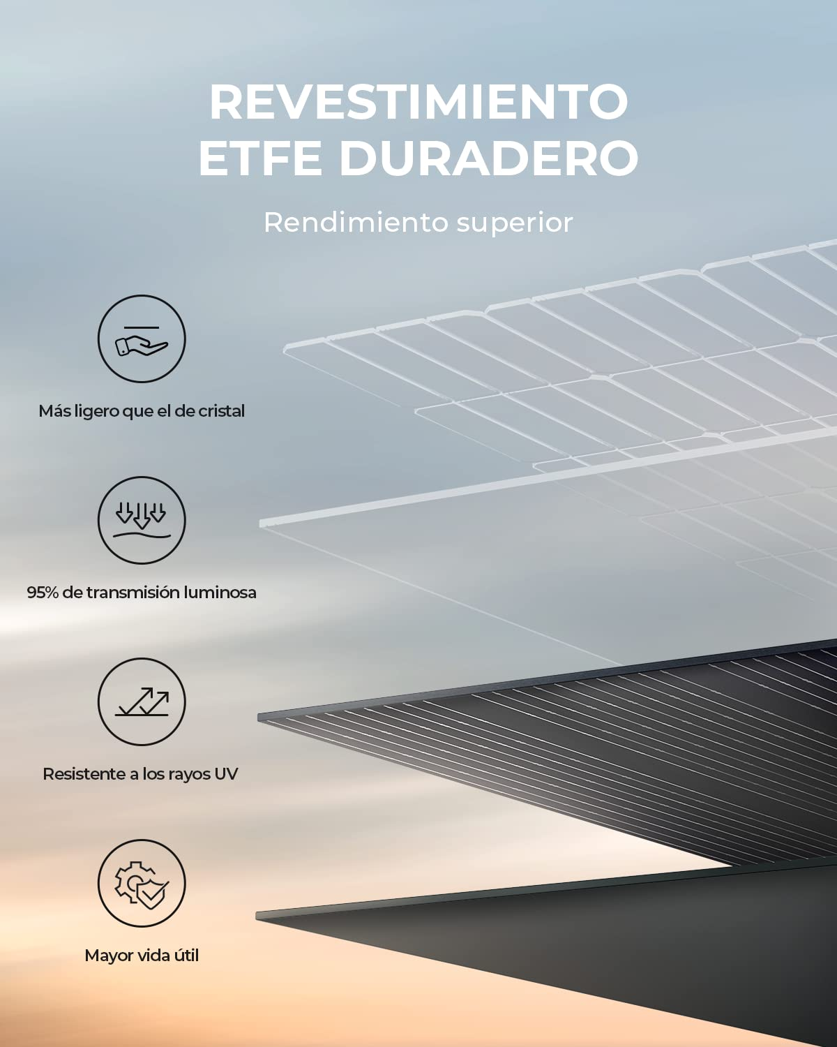 Grafika przedstawiająca warstwy panelu słonecznego z tekstem w języku hiszpańskim, podkreślająca trwałość i wydajność.