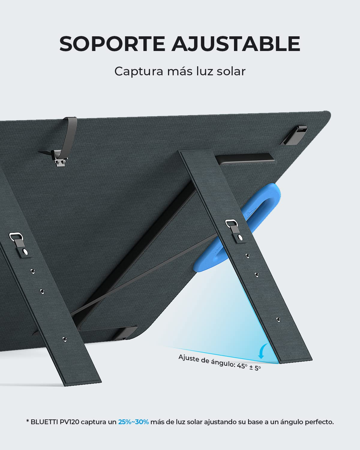 Regulowany stojak podtrzymujący panel słoneczny. Niebieskie wsparcie i ciemnoszary panel.