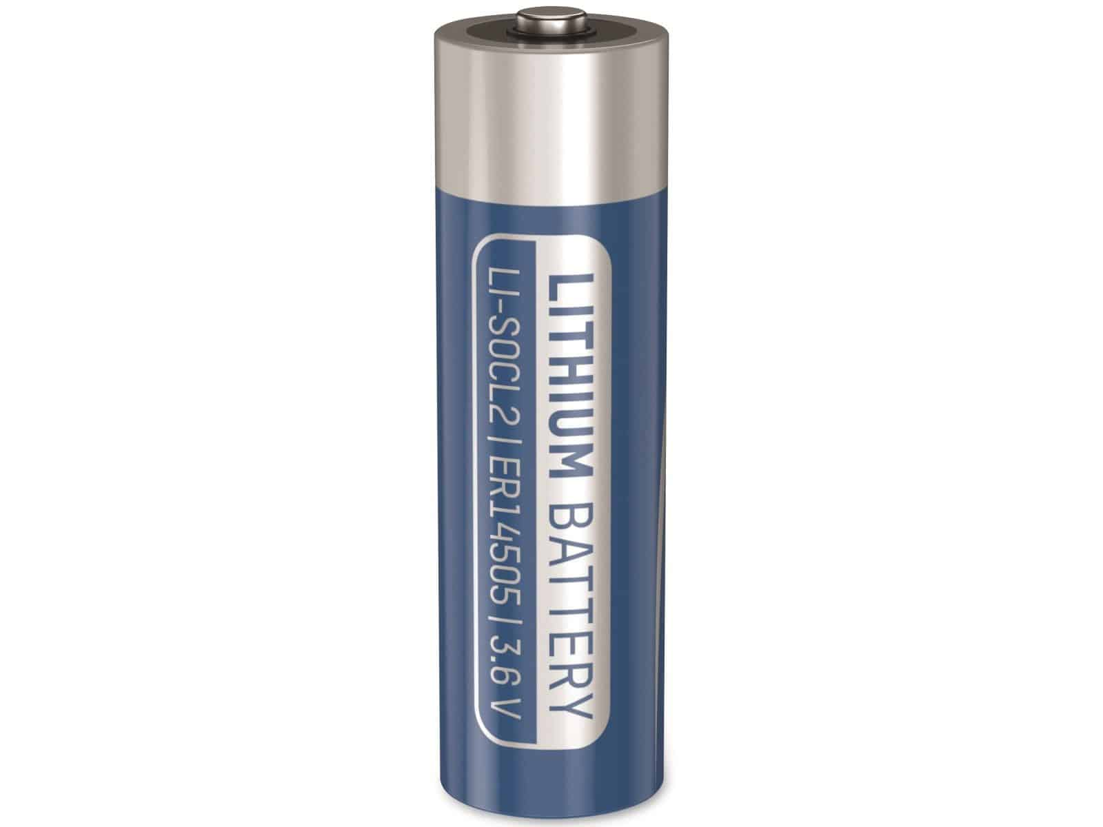 Niebieska i srebrna bateria litowa. Jest cylindryczna z tekstem na froncie.