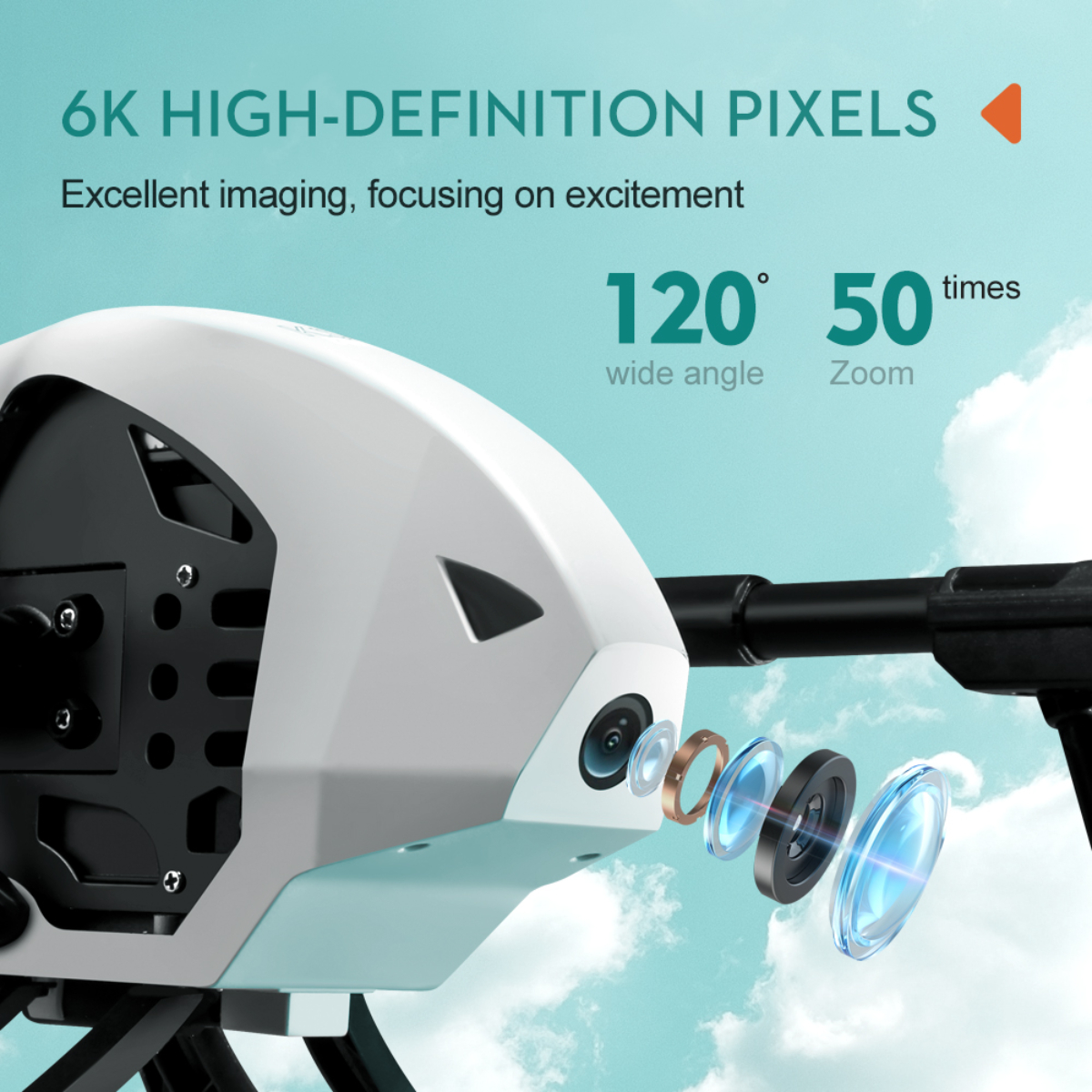 Drohnenkamera mit Objektivansicht und Funktionen darum herum. 6K High-Definition-Pixel werden angezeigt.