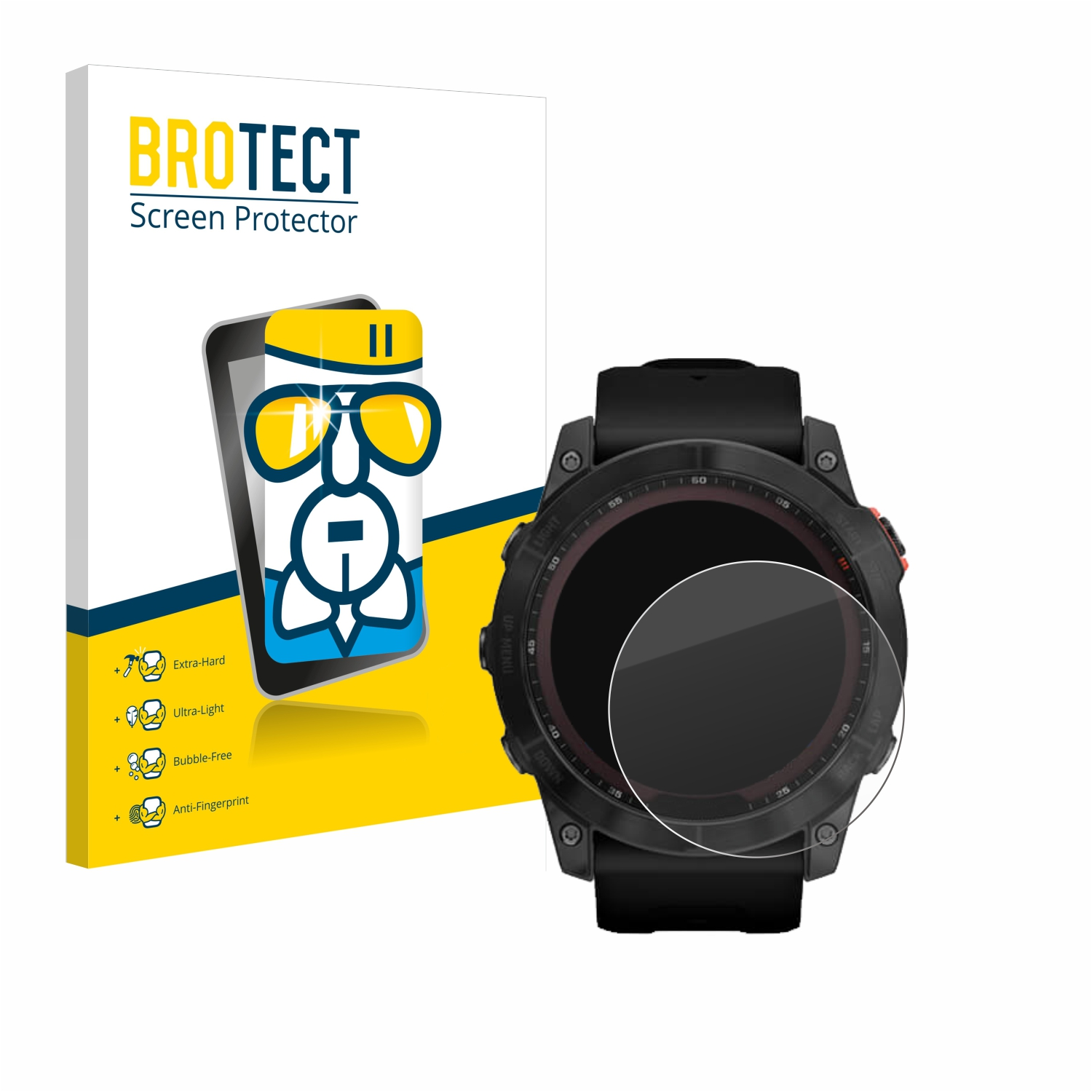 Schwarze Smartwatch mit Displayschutz und eine Box mit einem Telefon.