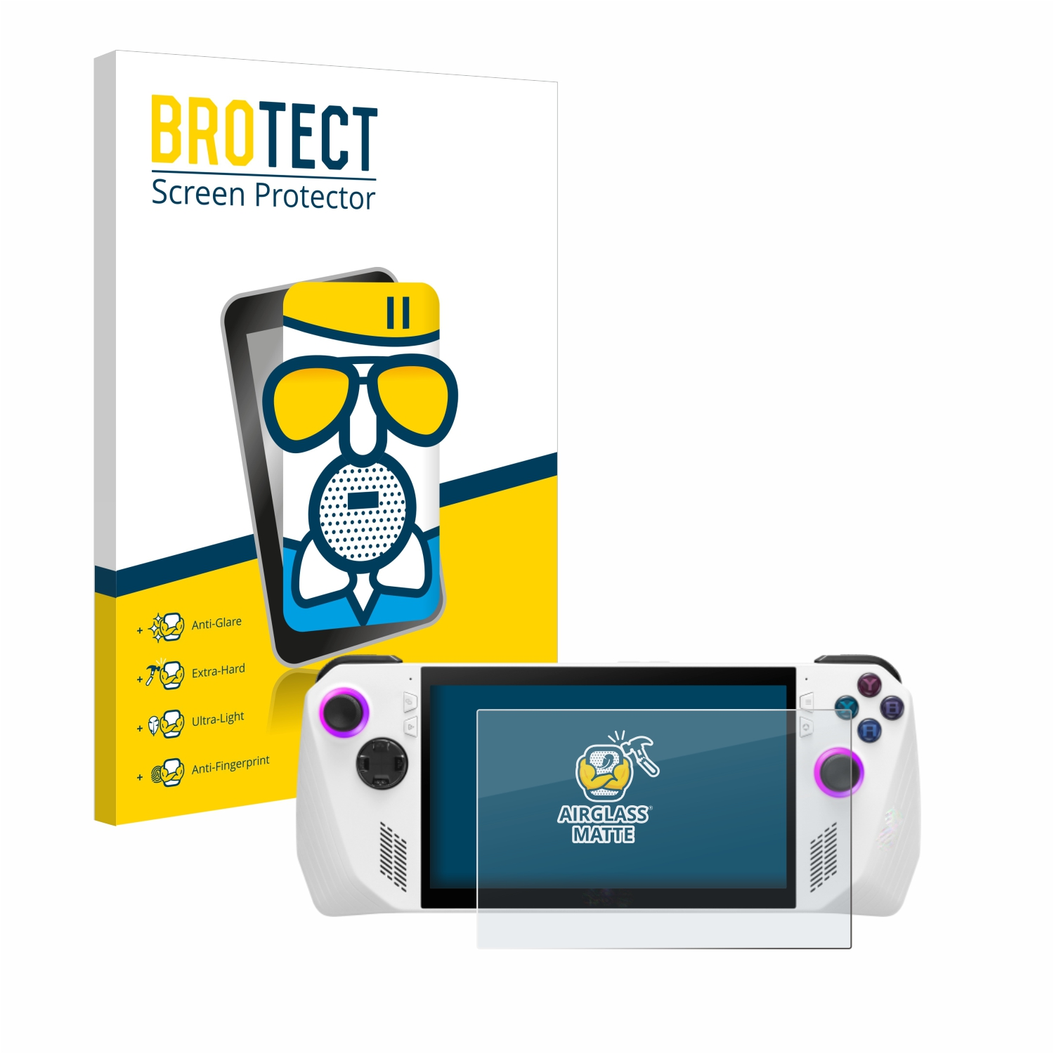 Weiße Handheld-Konsole mit Displayschutz und eine Box mit einem Telefon.