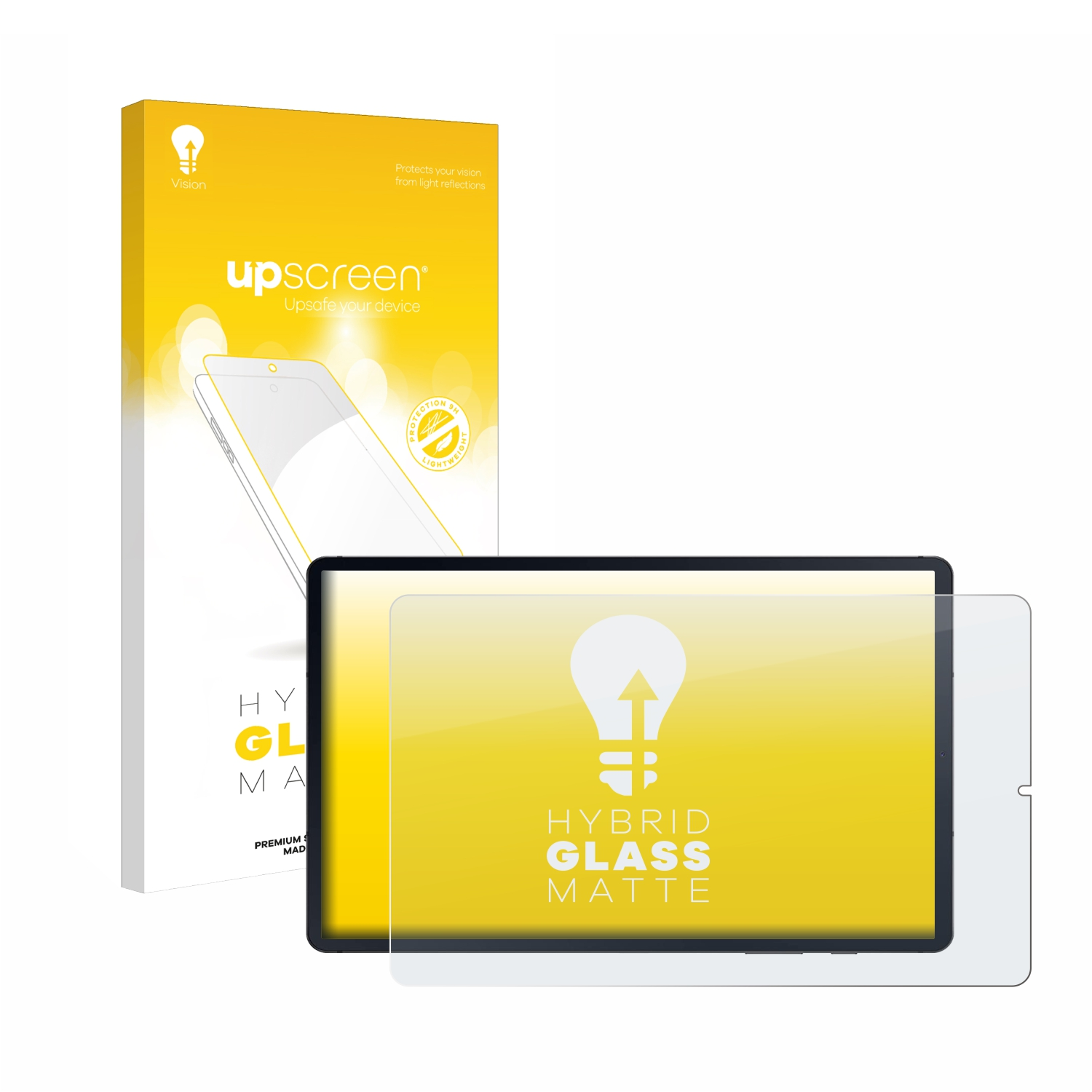 Box mit Displayschutzfolie und ein Tablet. Das Tablet hat eine Displayschutzfolie, eine klare Folie, angebracht.