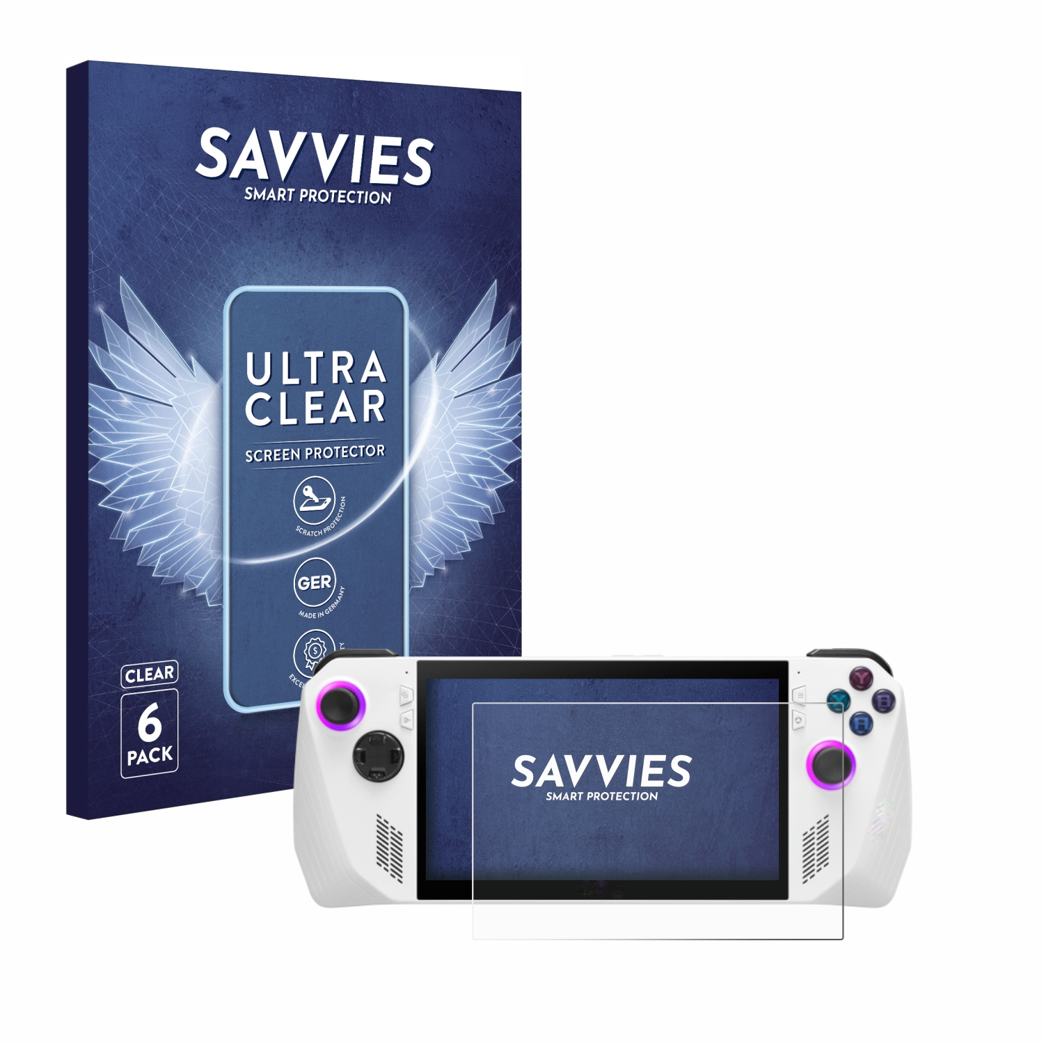 Handheld-Gaming-Gerät mit Displayschutzfolien-Verpackung. Gerät mit Knöpfen und Bildschirm, in der Nähe der Schutzverpackung.