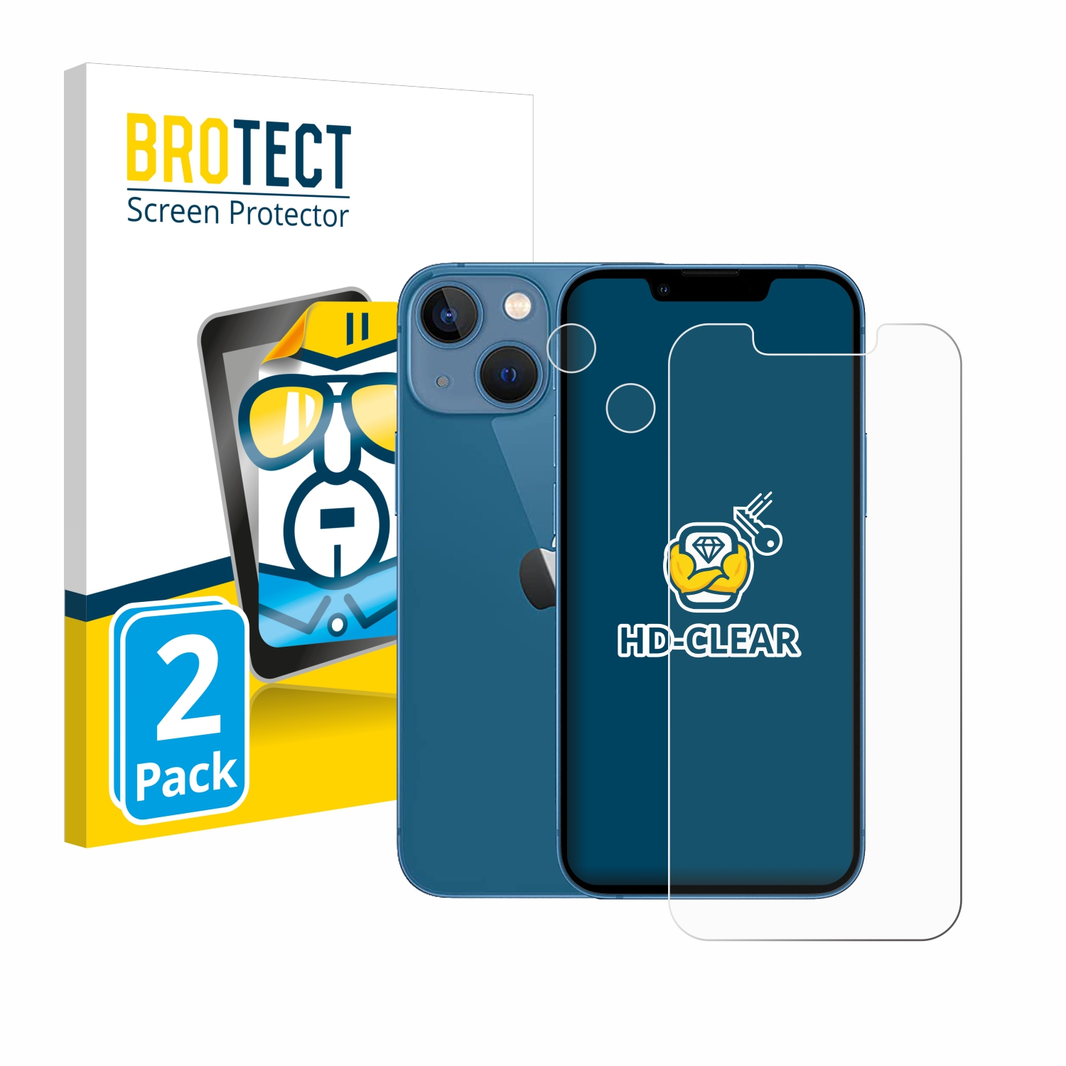 Ein blaues Telefon mit Displayschutzfolie und eine Box mit Displayschutzfolien mit Cartoon-Bild.