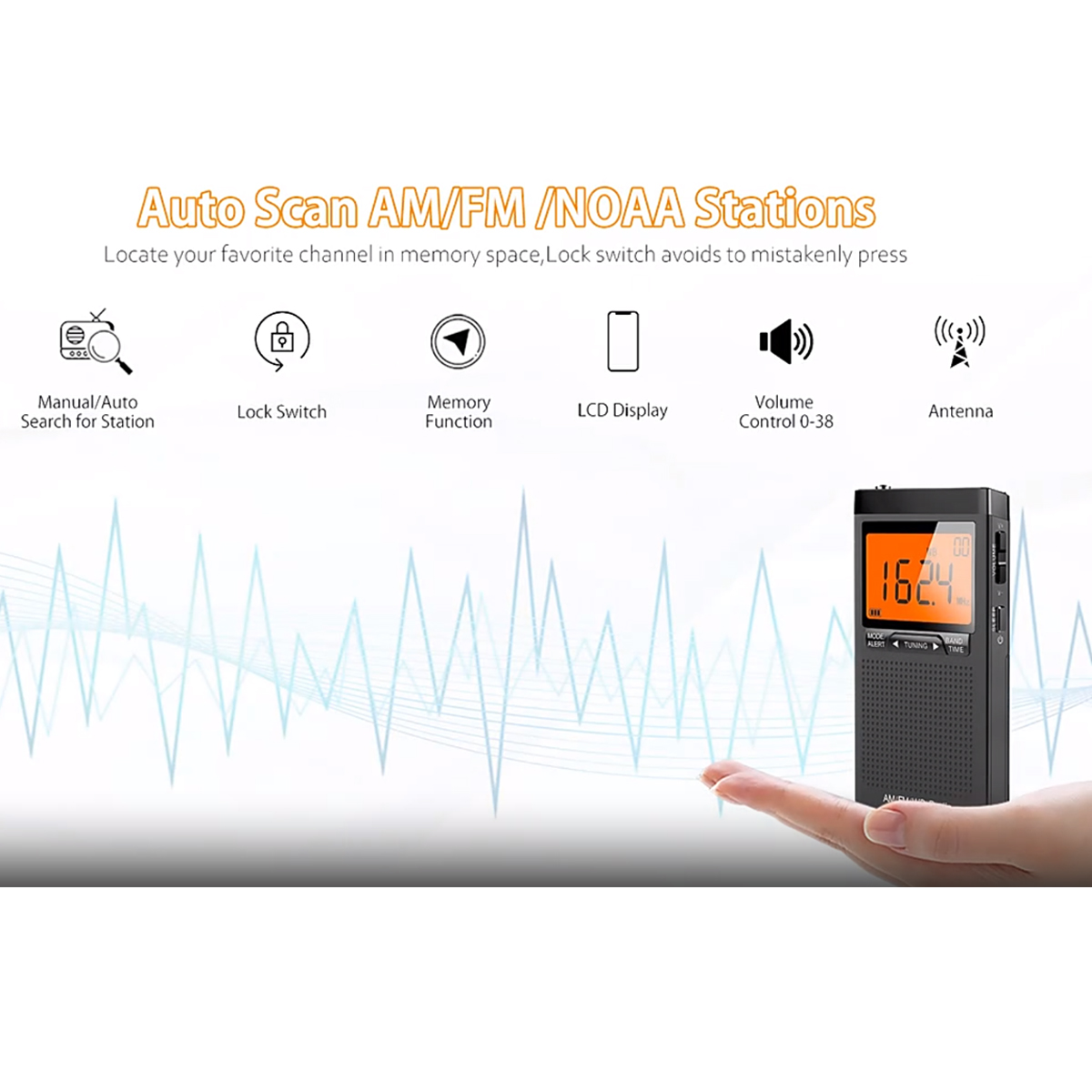 Schwarzes tragbares Radio mit LCD-Anzeige und Antenne. Symbole und Text auf weißem Hintergrund.