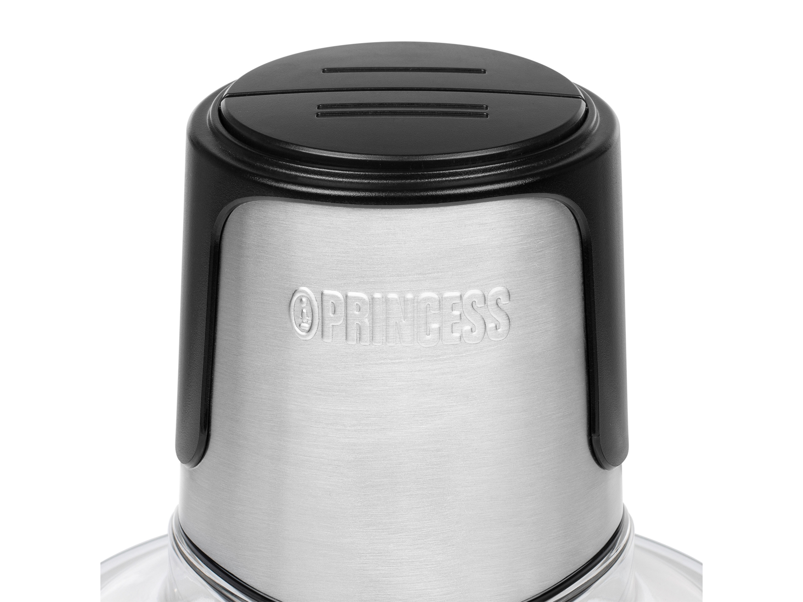 Nahaufnahme eines Princess-Foodprozessors. Silberne Metallbasis mit Princess-Logo.