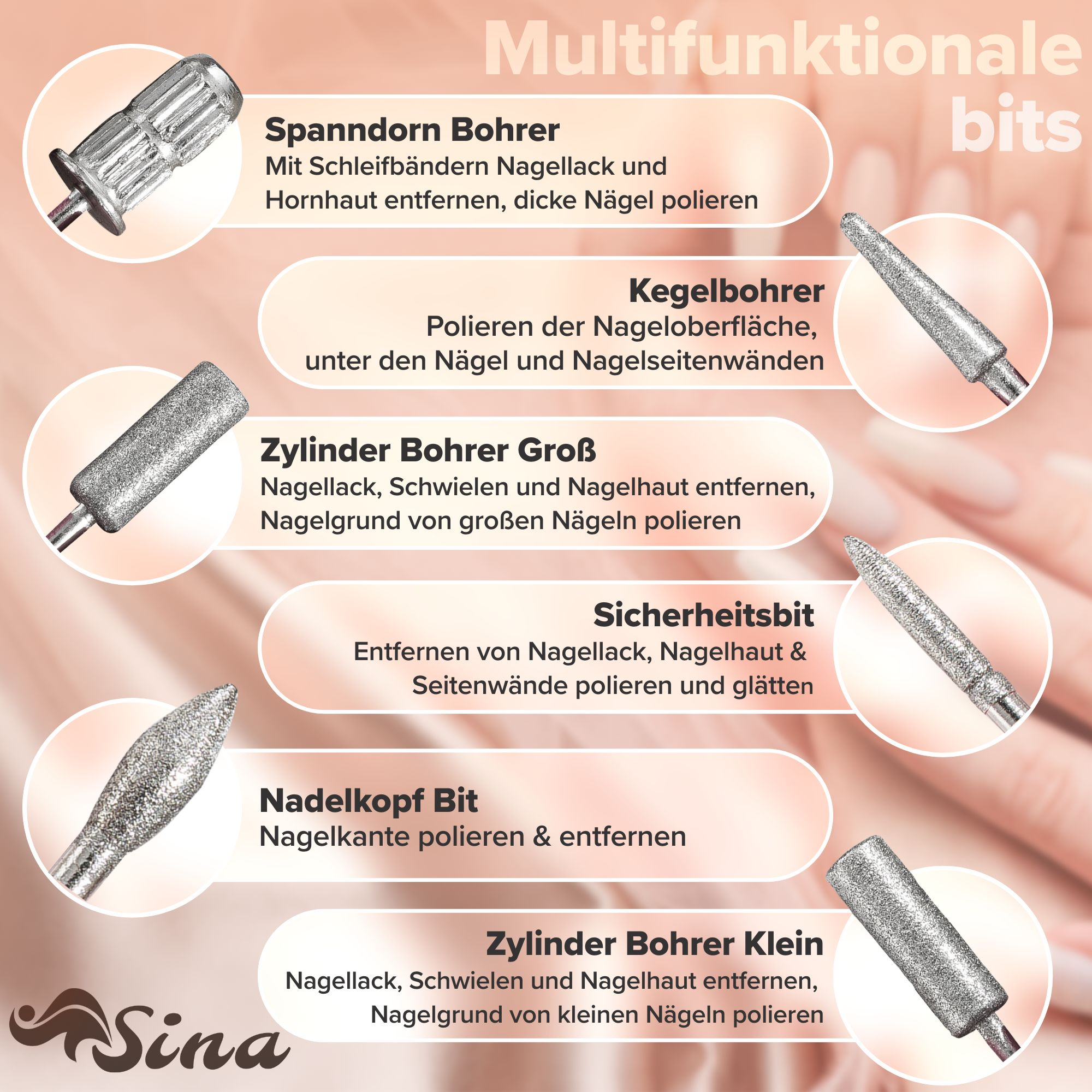 Werkzeuge für die Nagelpflege mit Textbeschriftungen. Die Werkzeuge umfassen Bohrer und Nagellack.