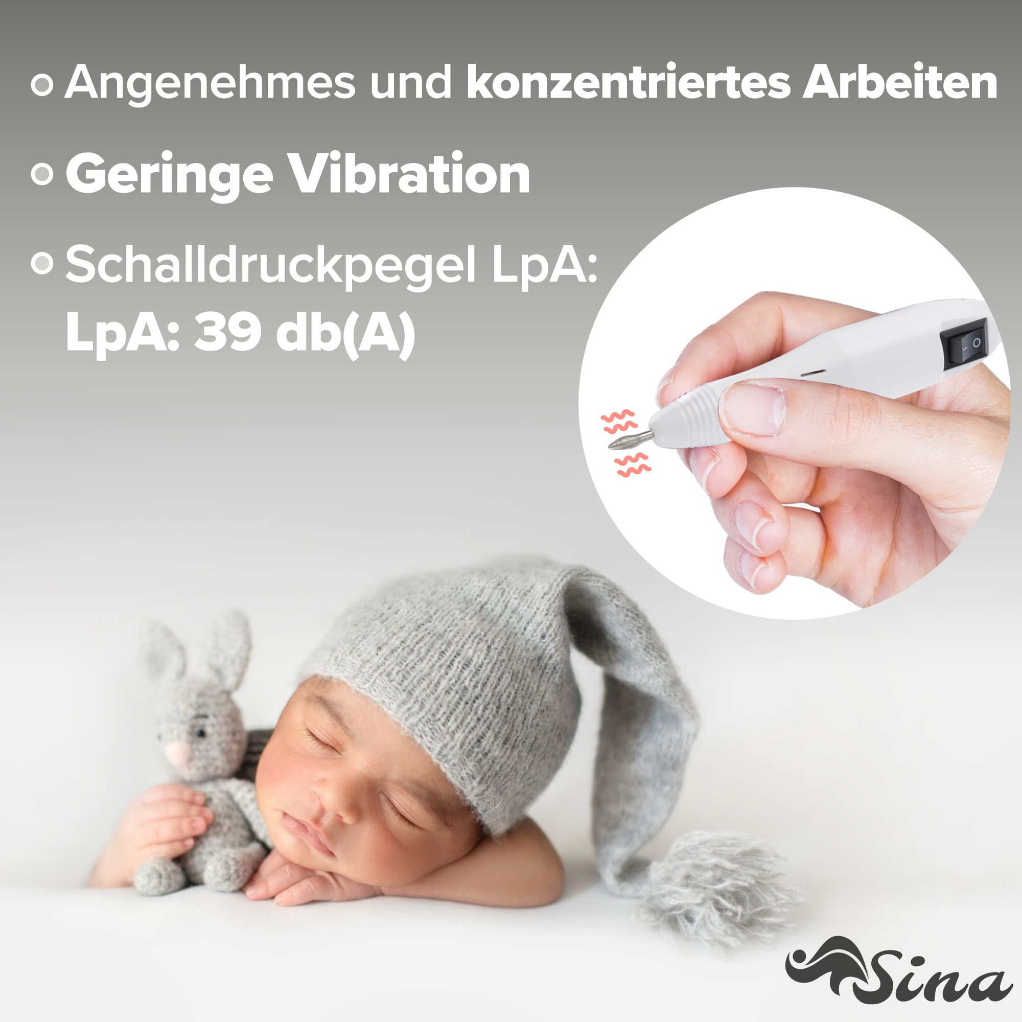 Ein schlafendes Baby mit grauem Hut und einem Spielzeughasen und der Text über geringen Geräuschpegel.