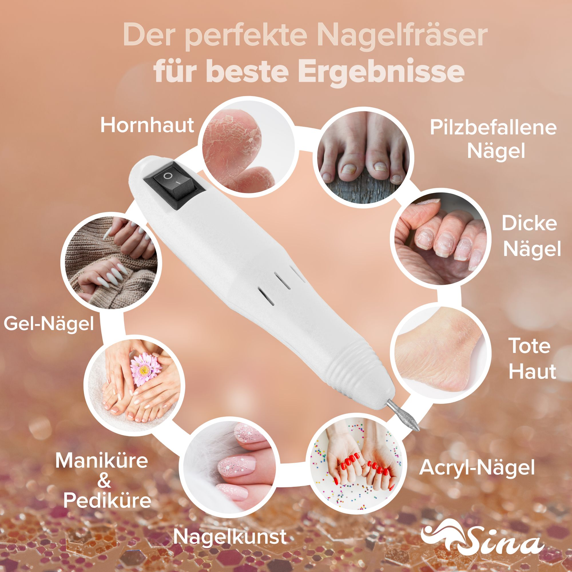 Ein weißer Nagelfräser mit einer Reihe von Nagelzuständen, einschließlich Gel- und Acrylnägeln.