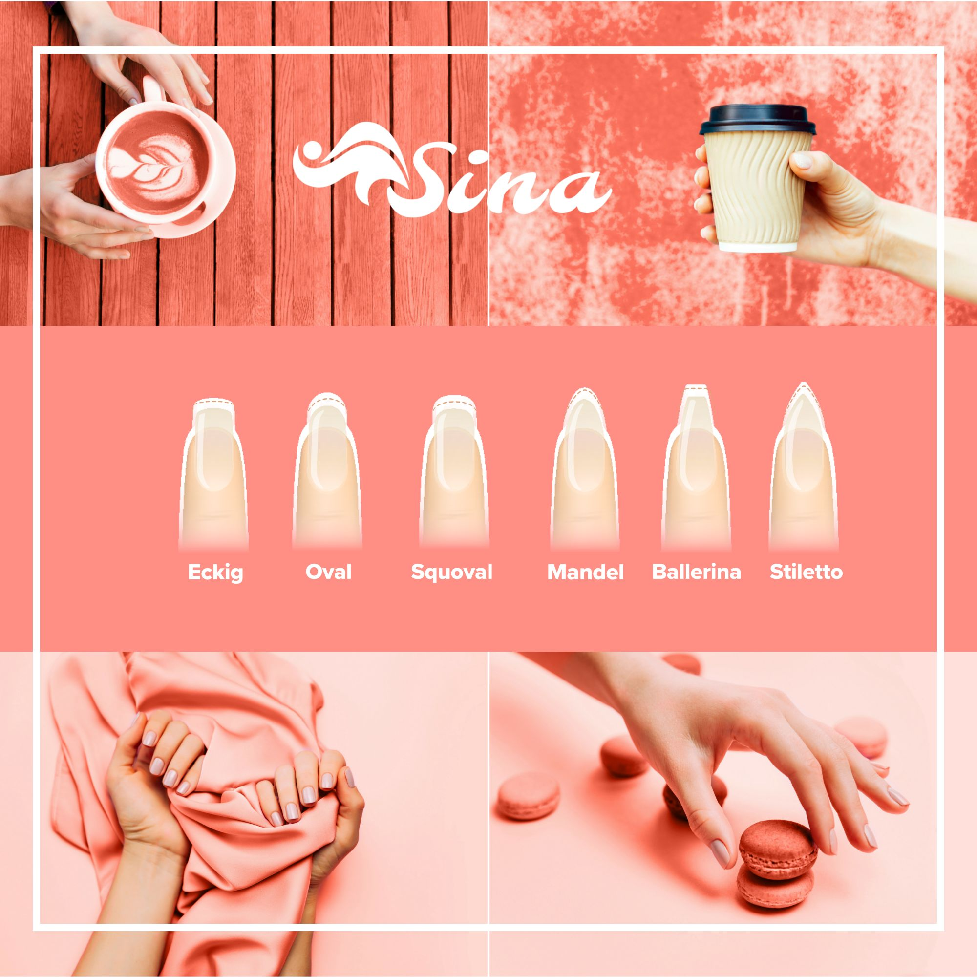 Collage mit Händen, die Kaffee, Nägel und Makronen halten. Nagelformen und der Name 'Sina' sind abgebildet.