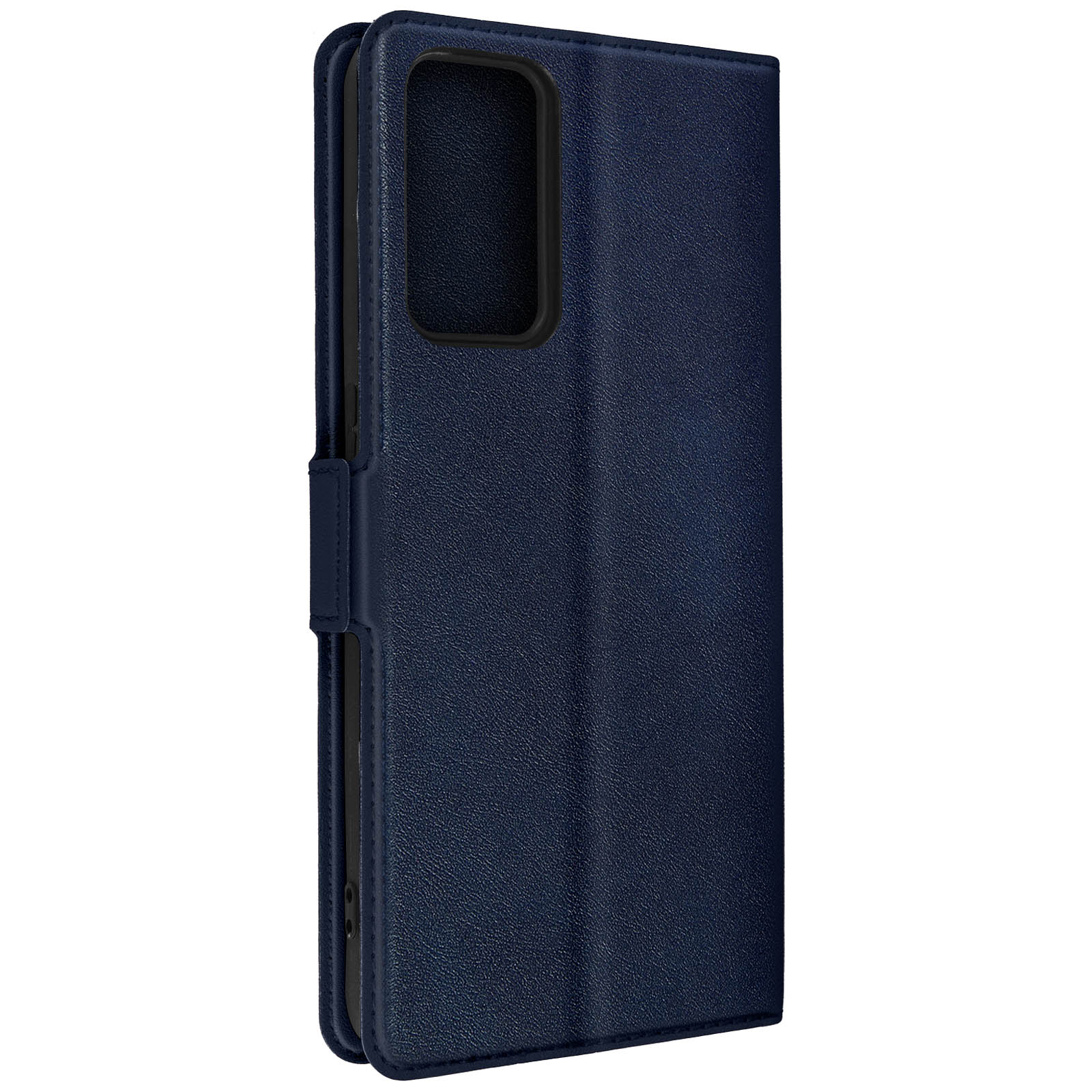 Custodia per telefono blu scuro con un ritaglio per la fotocamera. Sembra un portafoglio.