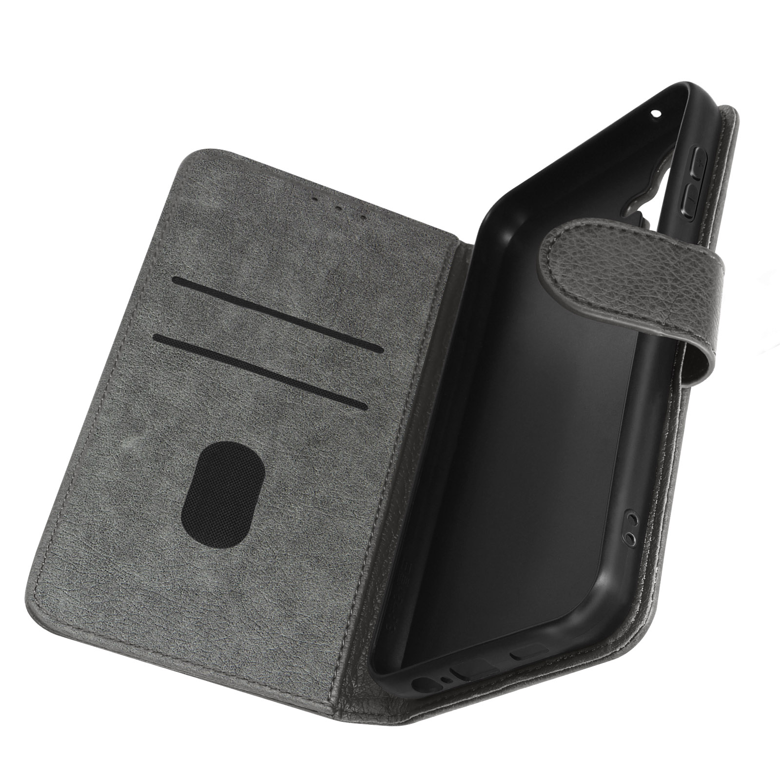 Geöffnete graue Leder-Handyhülle mit Kartenfächern und einem schwarzen Telefon darin.