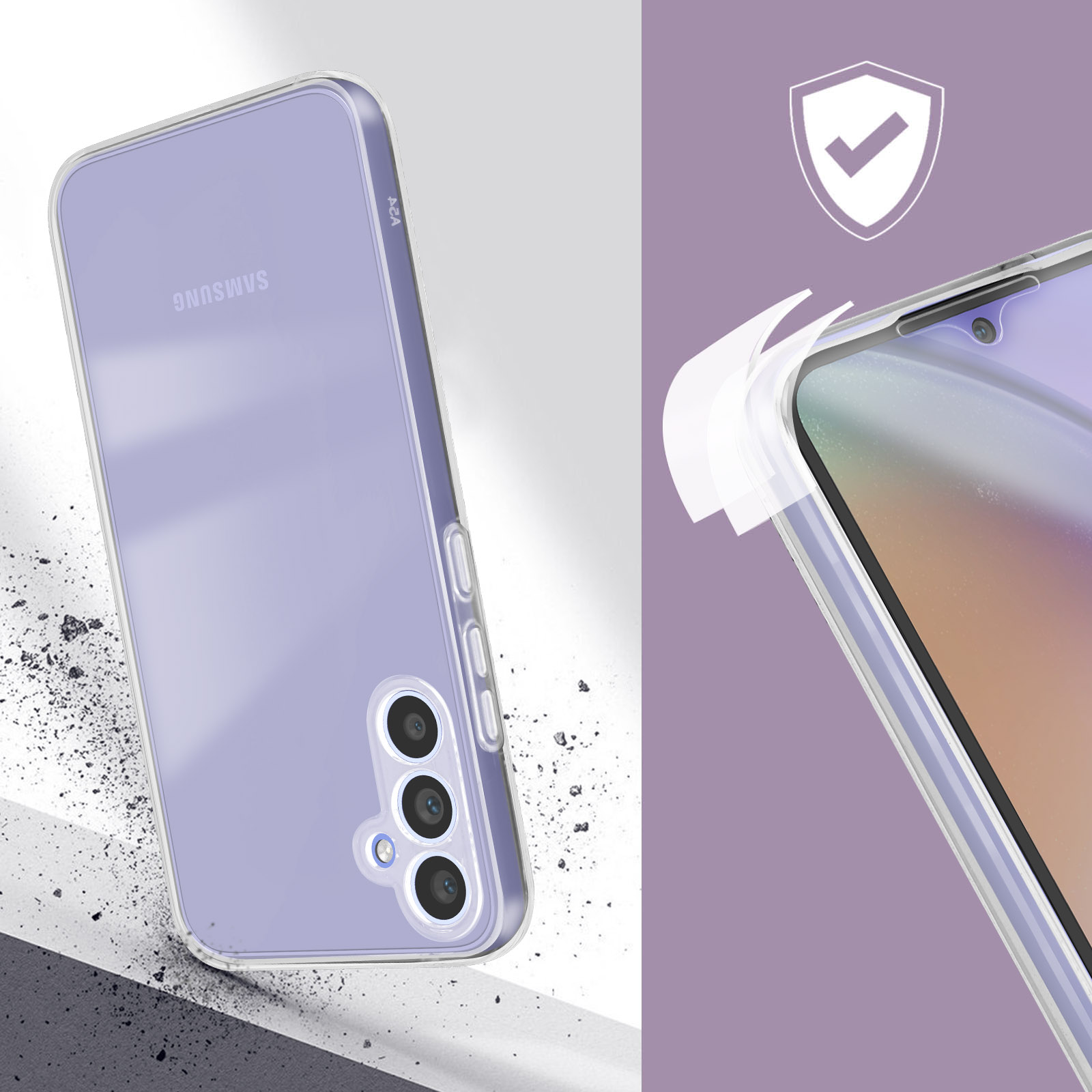 Una custodia per telefono con un telefono all'interno. Custodia trasparente e telefono viola.