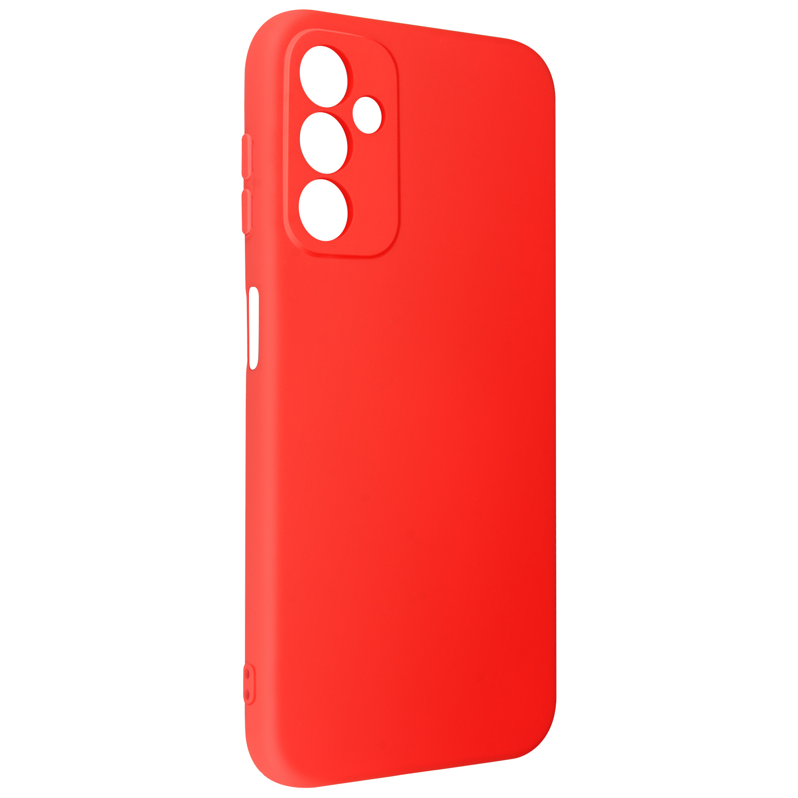 Una custodia rossa per telefono, che mostra il retro con ritagli per la fotocamera e un profilo laterale.