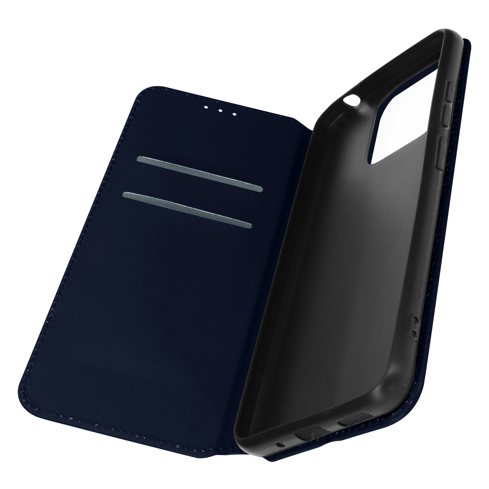 Custodia blu per telefono con interno nero. Aperta, con fessure per carte. Sfondo bianco, ripresa in studio.