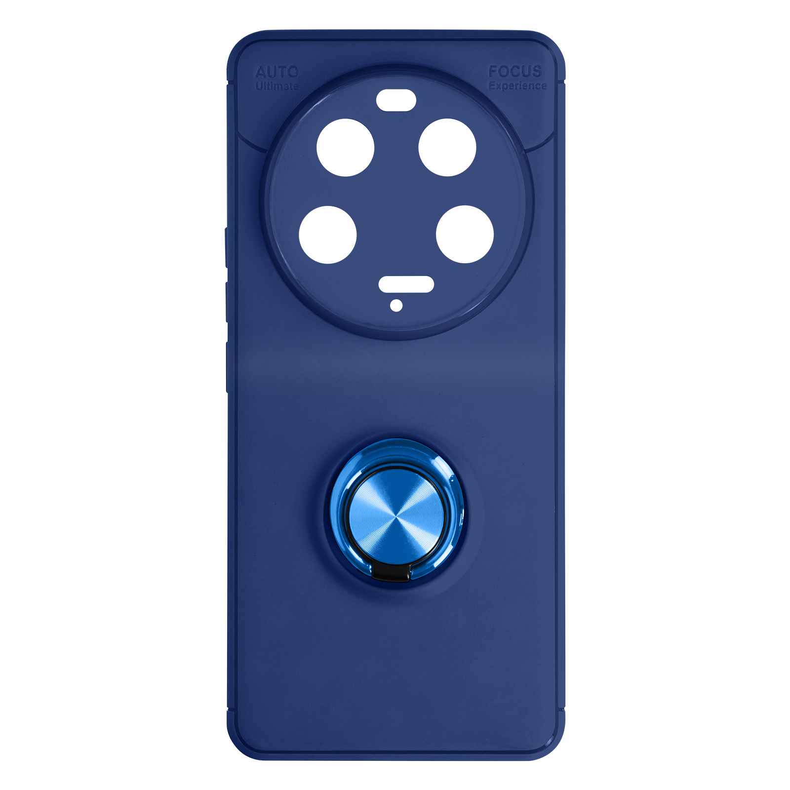 Custodia blu per telefono con fori per fotocamera e anello di supporto su sfondo bianco.