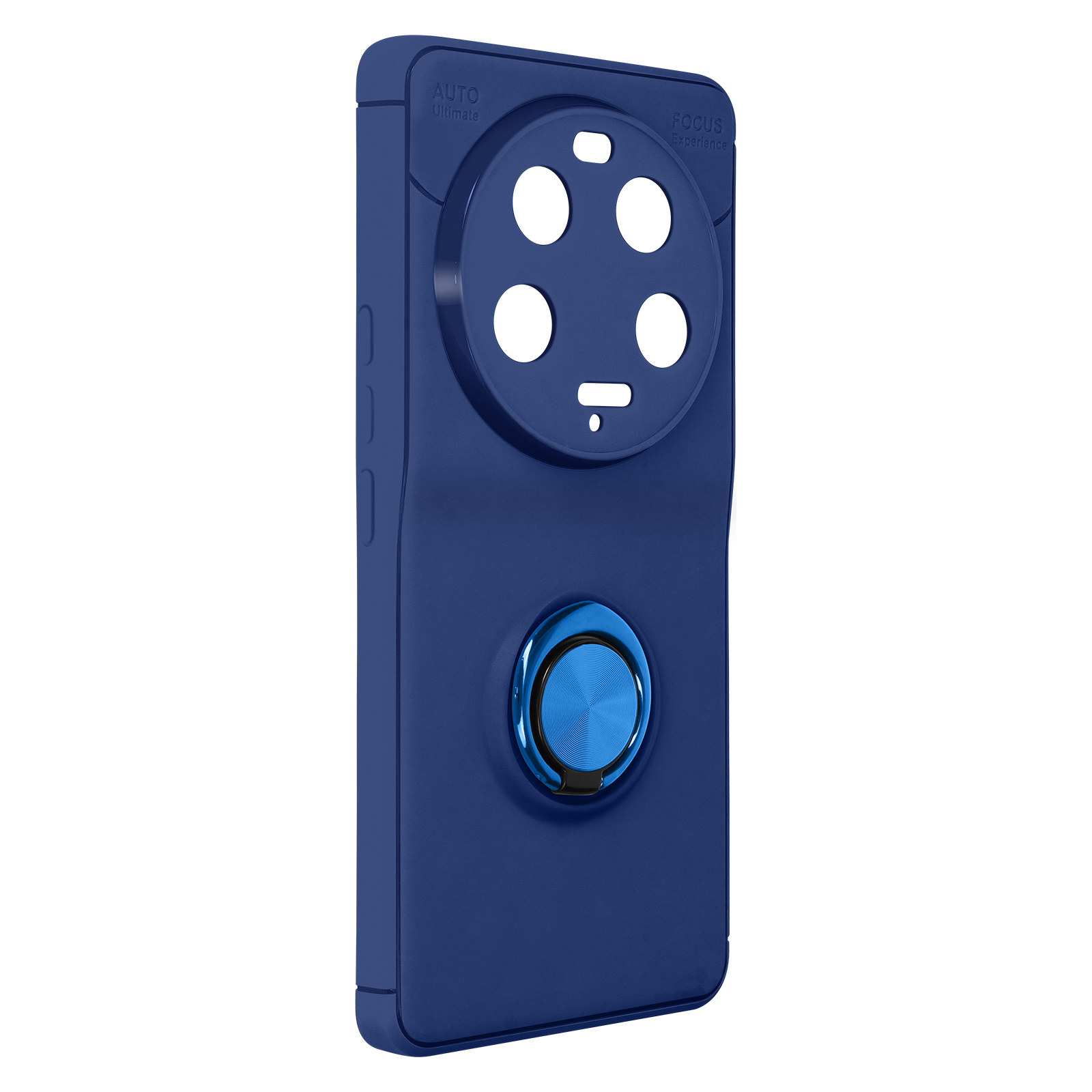 Custodia per telefono blu con anello. La custodia ha tre fori per la fotocamera. Sfondo bianco.