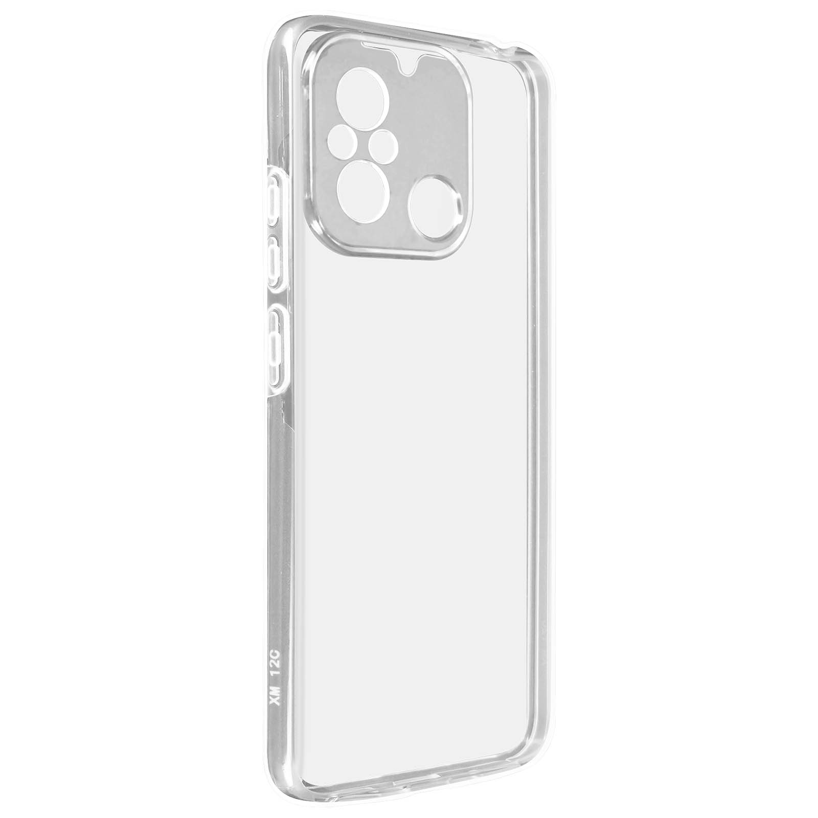 Una custodia trasparente per telefono con fori per fotocamera e pulsanti.