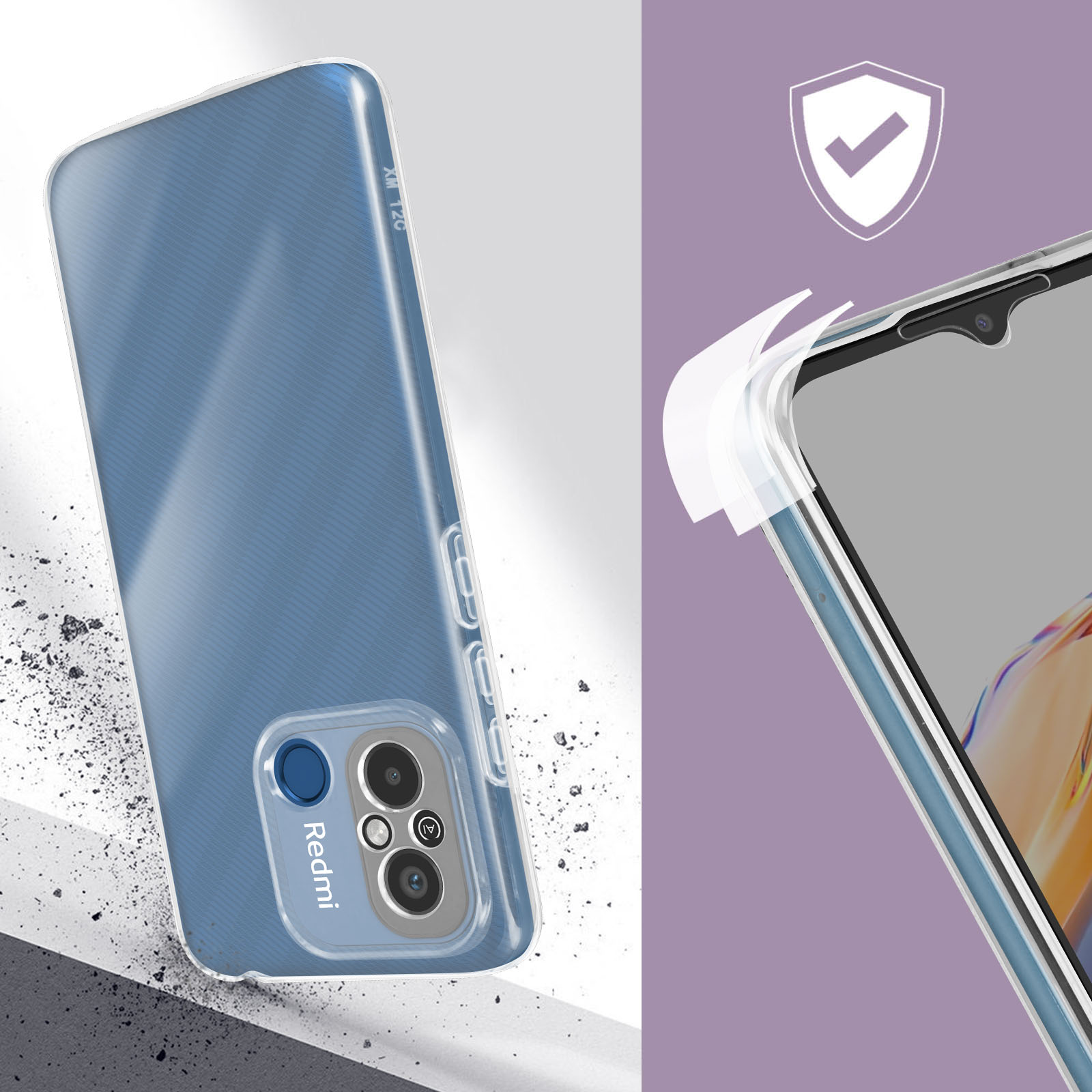 Custodia trasparente blu per telefono. Il telefono è visibile attraverso la custodia. Sfondo bianco.