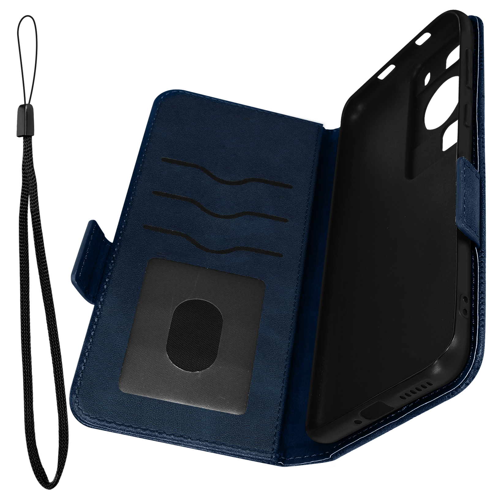 Custodia per telefono blu aperta. Interno del telefono nero con slot per schede. Cordino nero. Sfondo bianco.