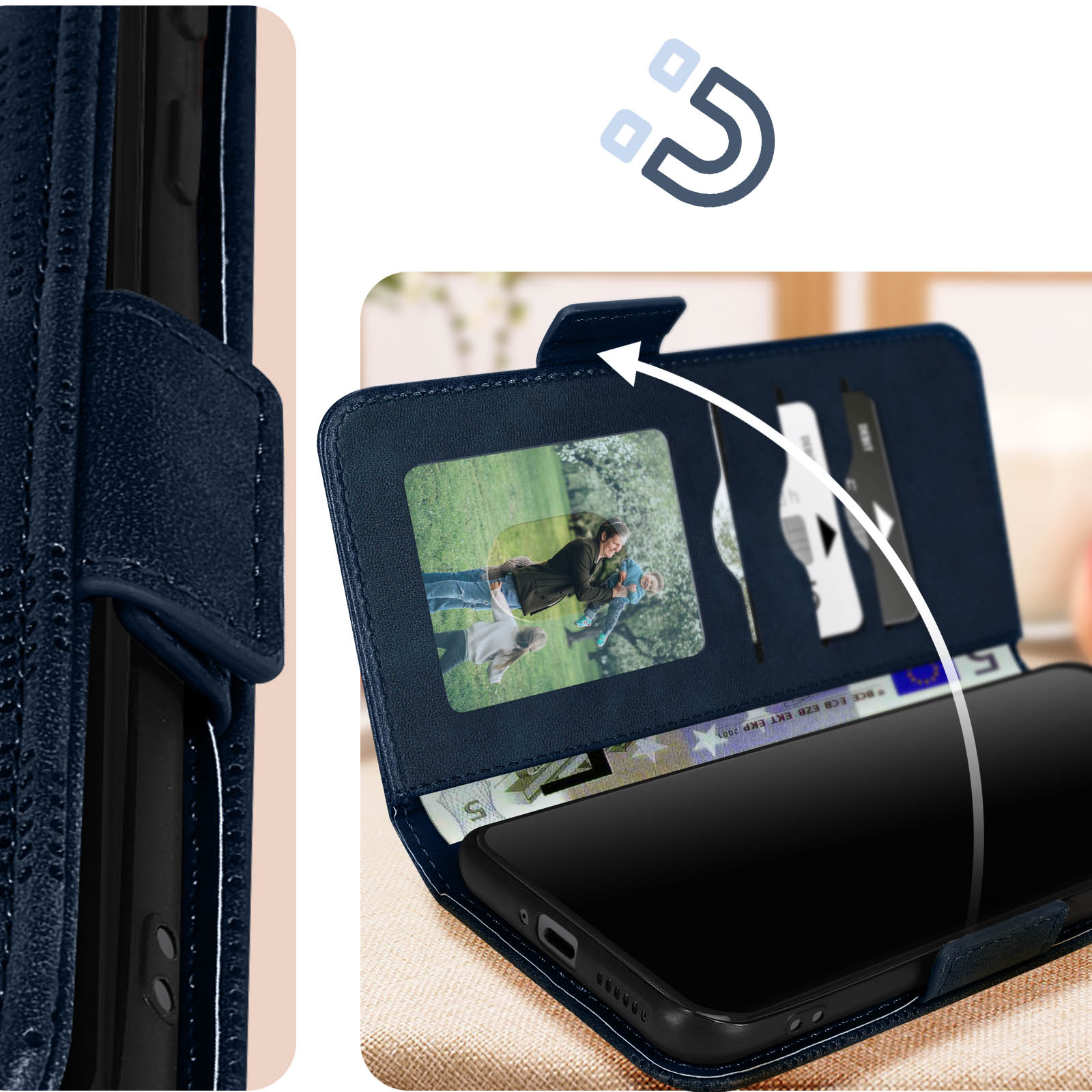 Custodia blu navy aperta, con telefono e foto. Slot per carte e chiusura magnetica.