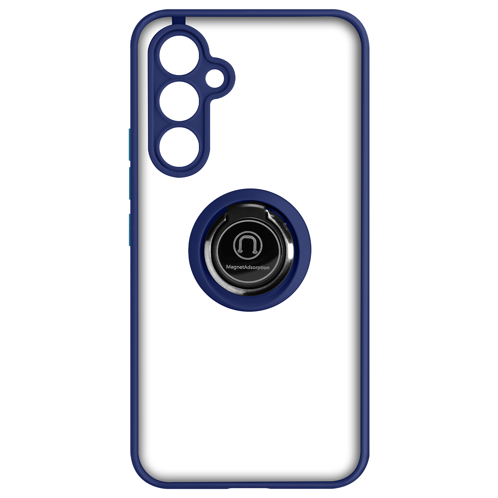 Custodia trasparente per telefono con cornice blu navy e cerchio blu navy con anello magnetico.