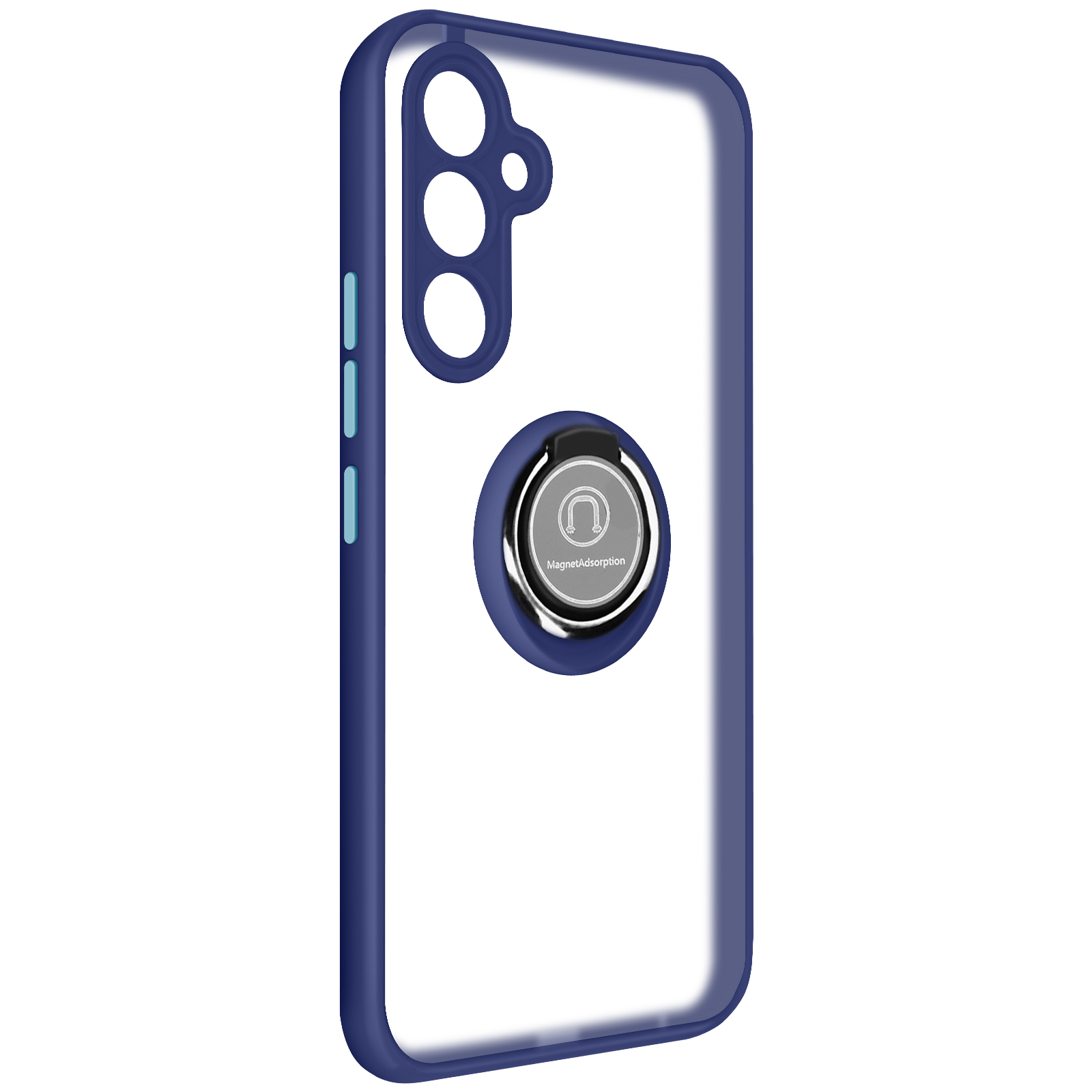 Custodia blu per telefono con anello, retro trasparente. Cornice blu navy.